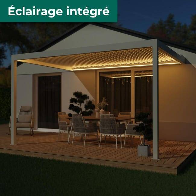 Pergola Bioclimatique Adossée Motorisée Éclairée Aluminium 4x3 Blanc SV ORIAL France - Image 3