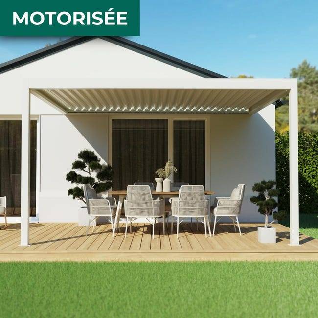 Pergola Bioclimatique Adossée Motorisée Éclairée Aluminium 4x3 Blanc SV ORIAL France - Image 1