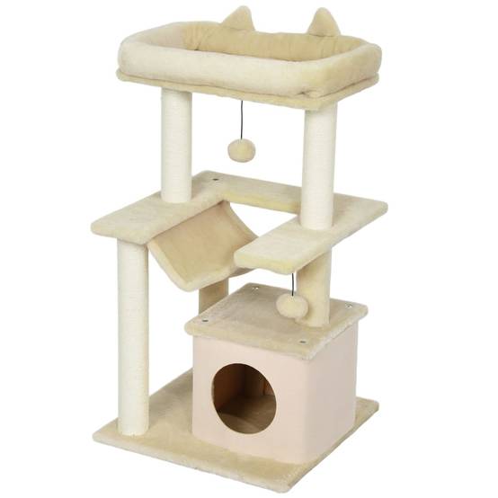 Arbre à Chat Griffoir Sisal Niche Hamac Jouet 48x48x90cm Crème - ComfortXL Pet Living - Image 2