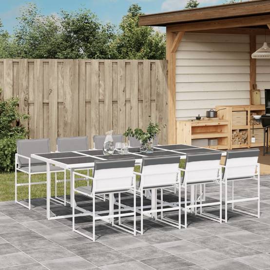 Grand Salon de Jardin 9 Pièces Acier Blanc et Textilène Table Verre 220cm Chaises Pliantes – ComfortXL Outdoor Living - Image 1