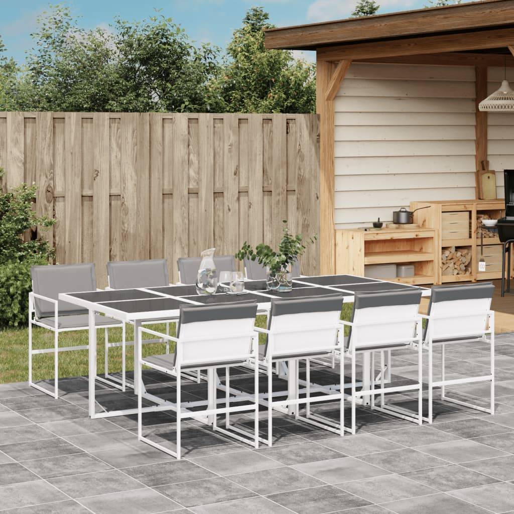 Grand Salon de Jardin 9 Pièces Acier Blanc et Textilène Table Verre 220cm Chaises Pliantes – ComfortXL Outdoor Living - Image 1