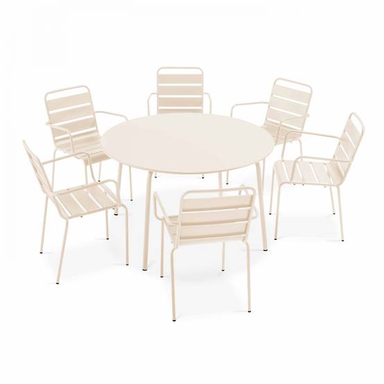 Oviala - Ensemble table de jardin ronde et 6 fauteuils acier ivoire Palavas - Oviala - Imagen 1