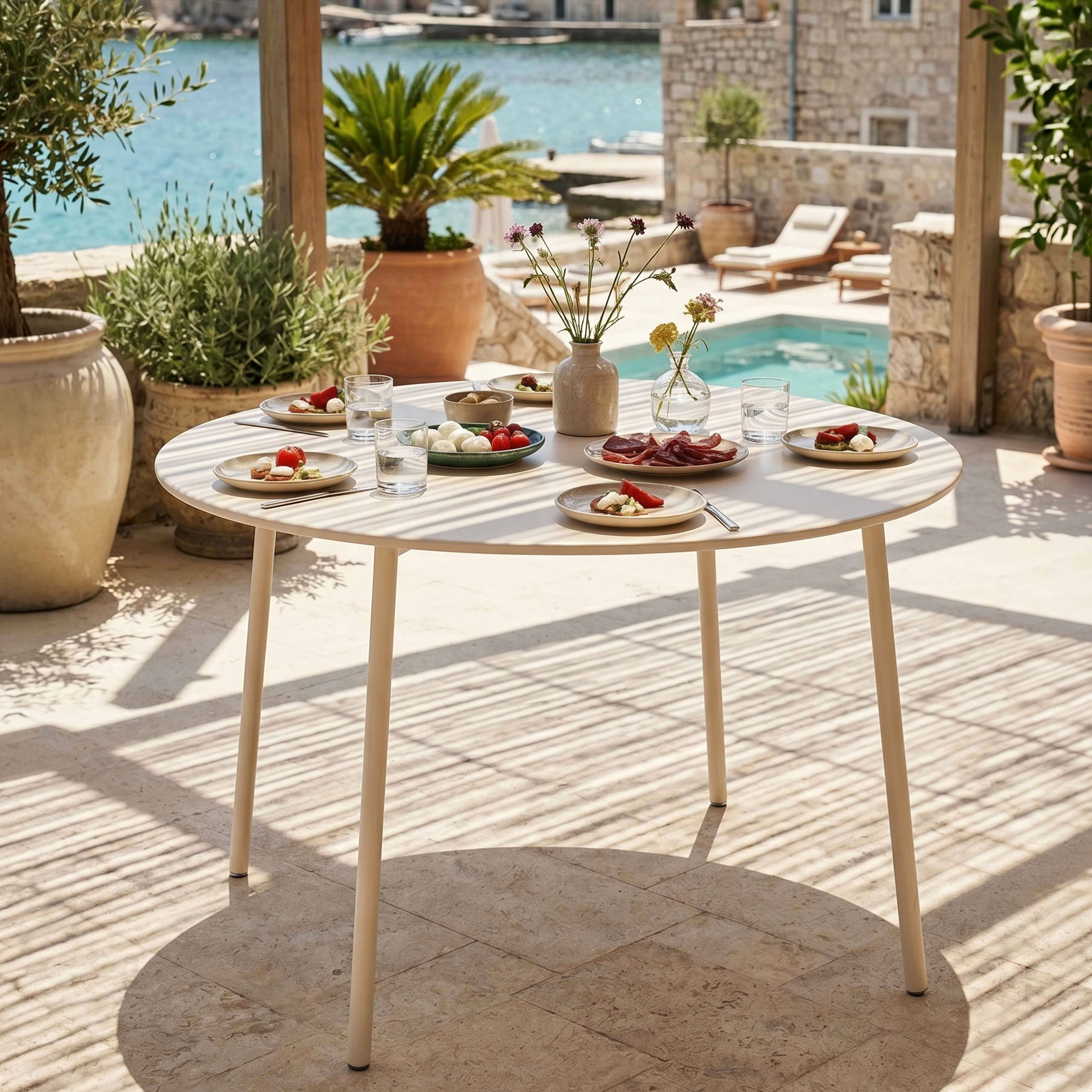 Oviala - Ensemble table de jardin ronde et 6 fauteuils acier ivoire Palavas - Oviala - Imagen 3