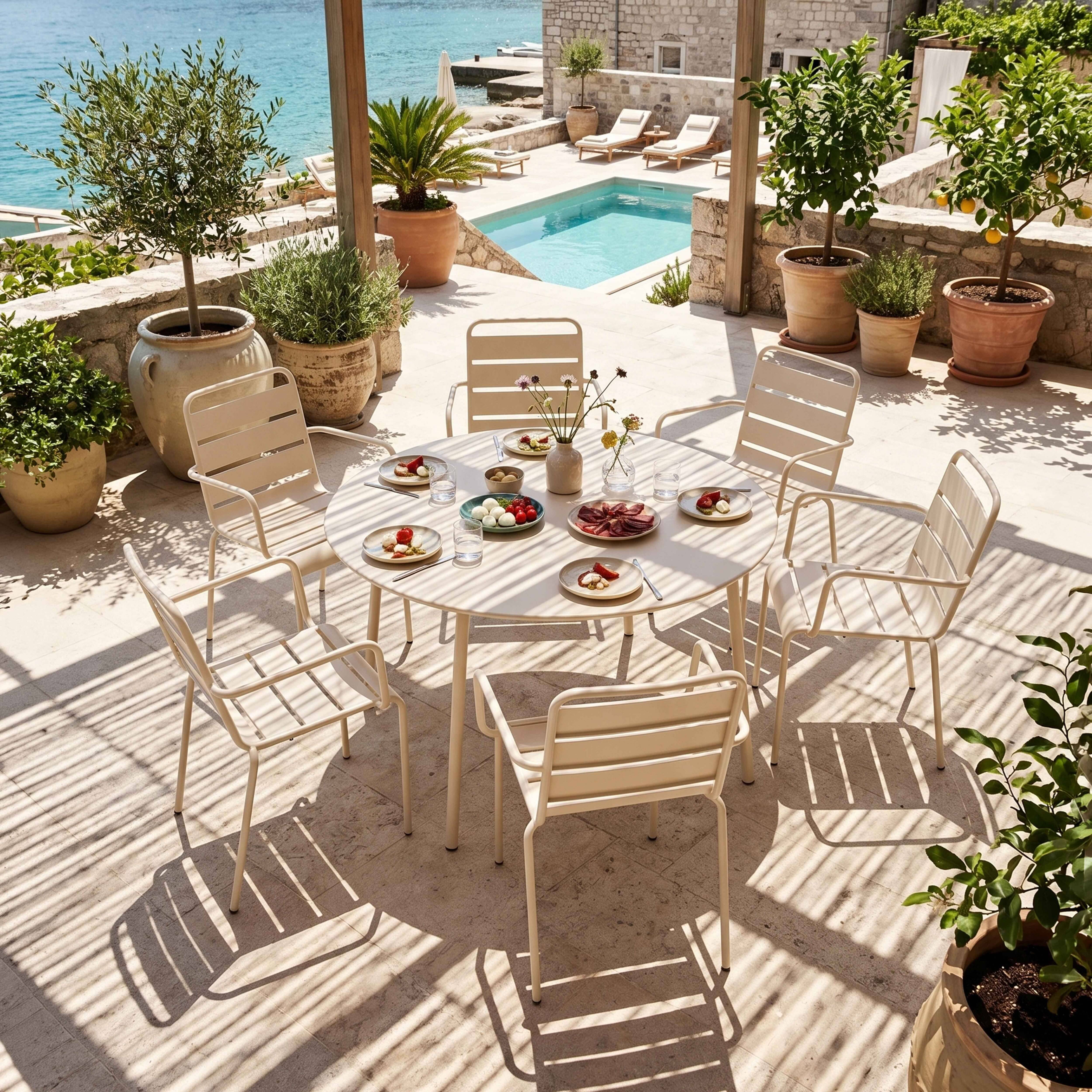 Oviala - Ensemble table de jardin ronde et 6 fauteuils acier ivoire Palavas - Oviala - Imagen 2