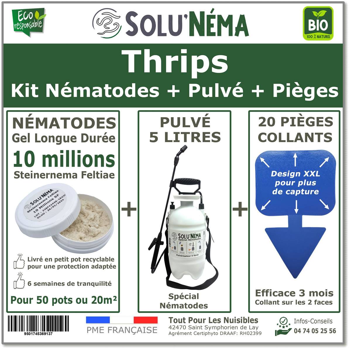 Tout pour les nuisibles - Solunéma - Kit Complet Anti Thrips - 10 Millions Nématodes SF  + Pulvérisateur 5L + 20 Pièges Bleus Collants XXL