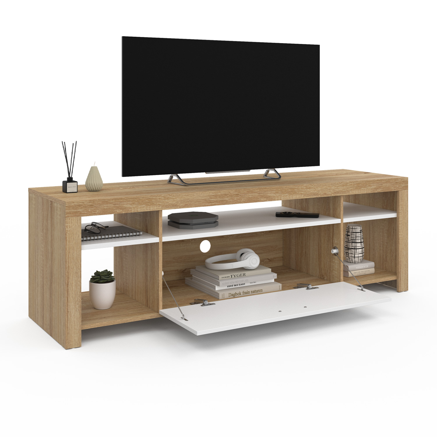 Meuble TV 140 cm MALO bois et placard blanc - Image 4