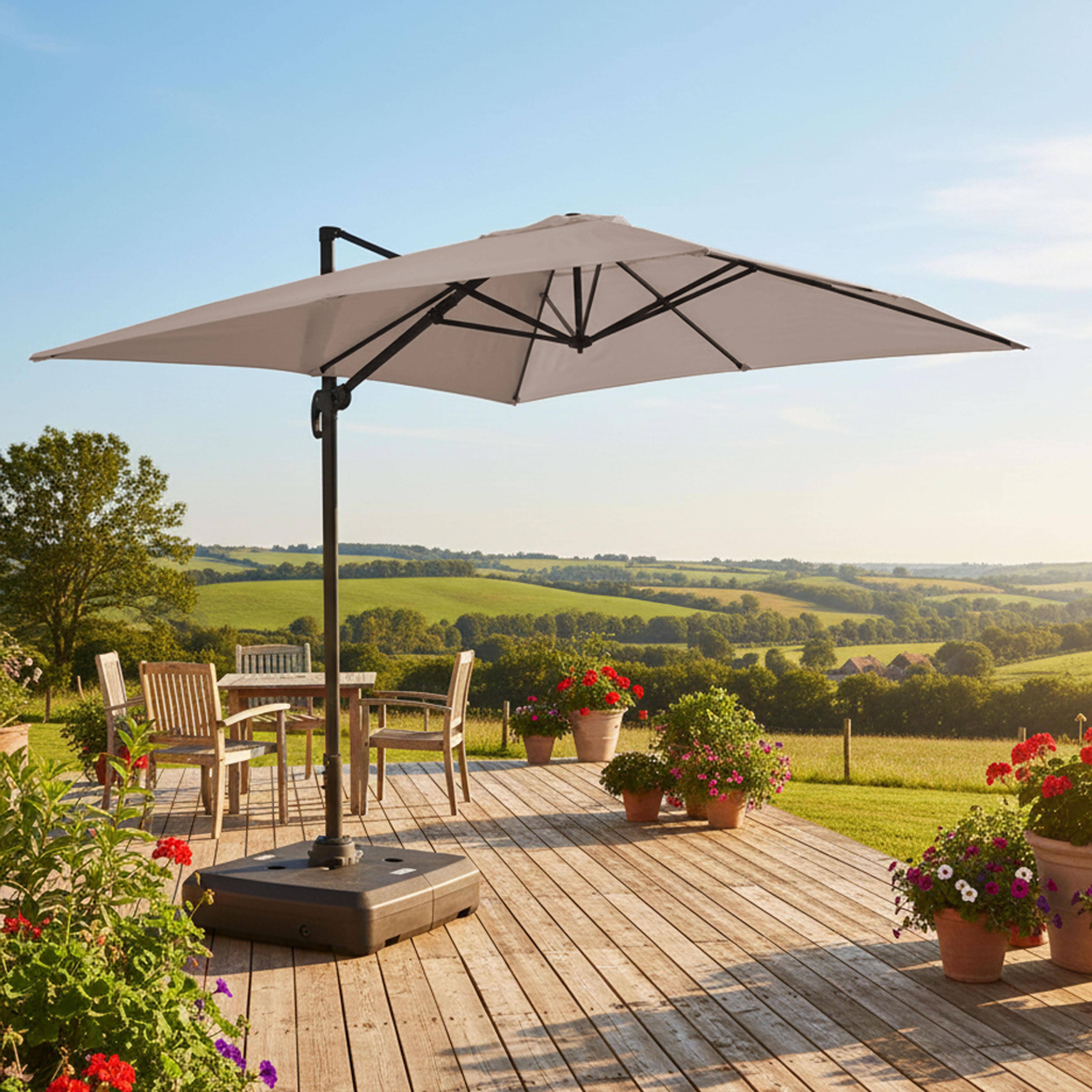 Oviala - Parasol déporté 4x3 m 360° inclinable + à lester sur roues taupe Caserta - Oviala - Imagen 2
