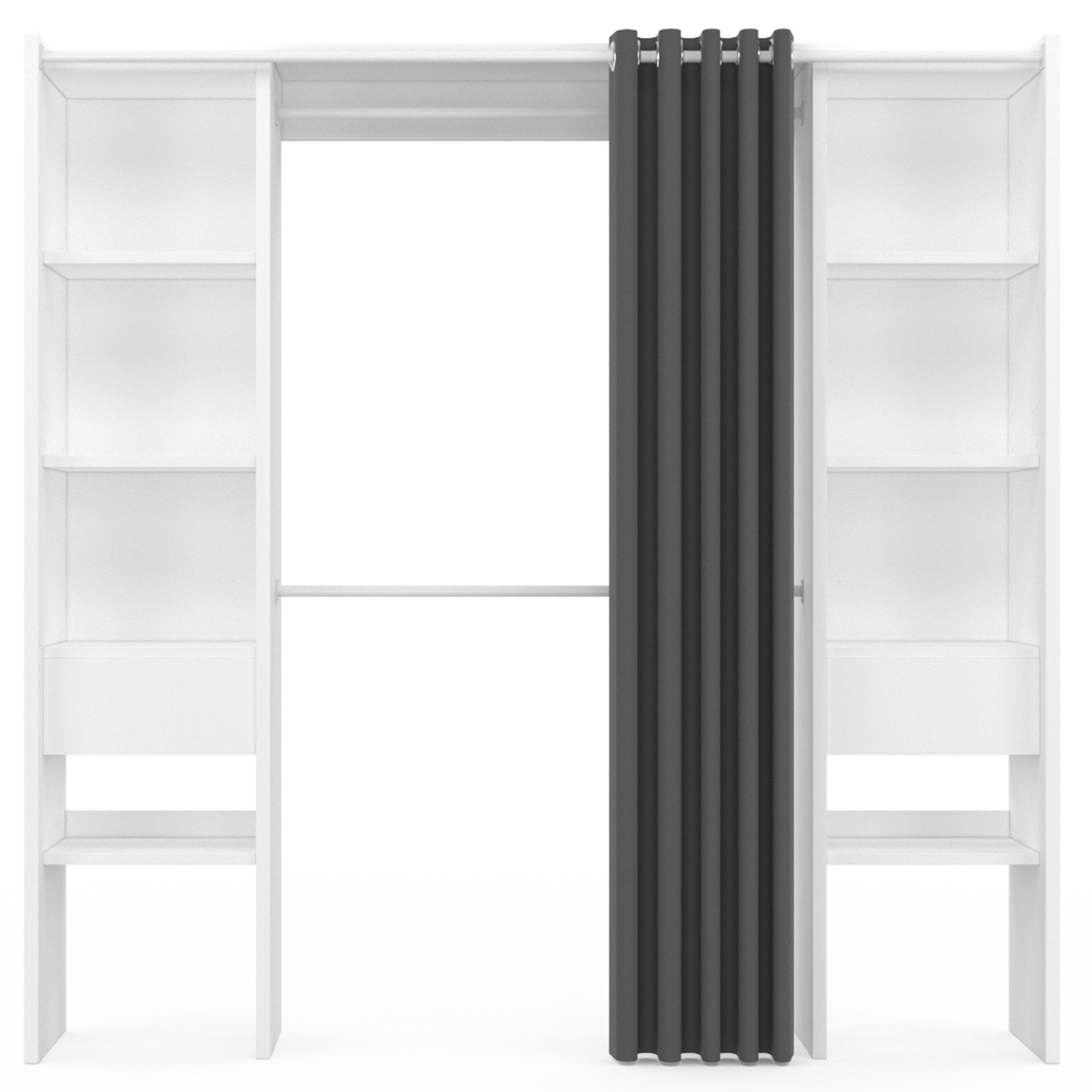 Dressing extensible double MERYL 120/180 x 50 x 180 cm blanc avec étagères + double penderie + rideau gris - Image 3
