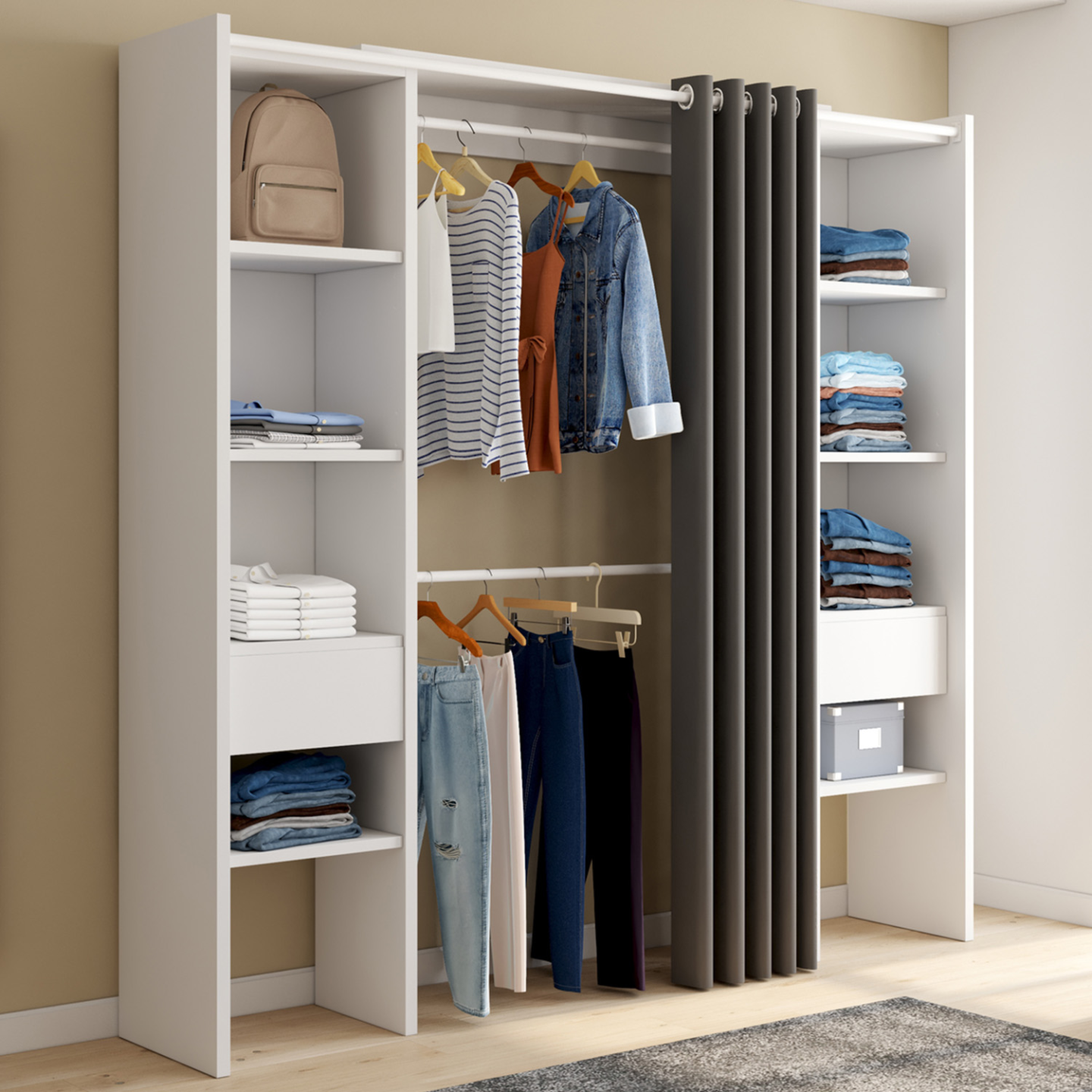 Dressing extensible double MERYL 120/180 x 50 x 180 cm blanc avec étagères + double penderie + rideau gris - Image 1