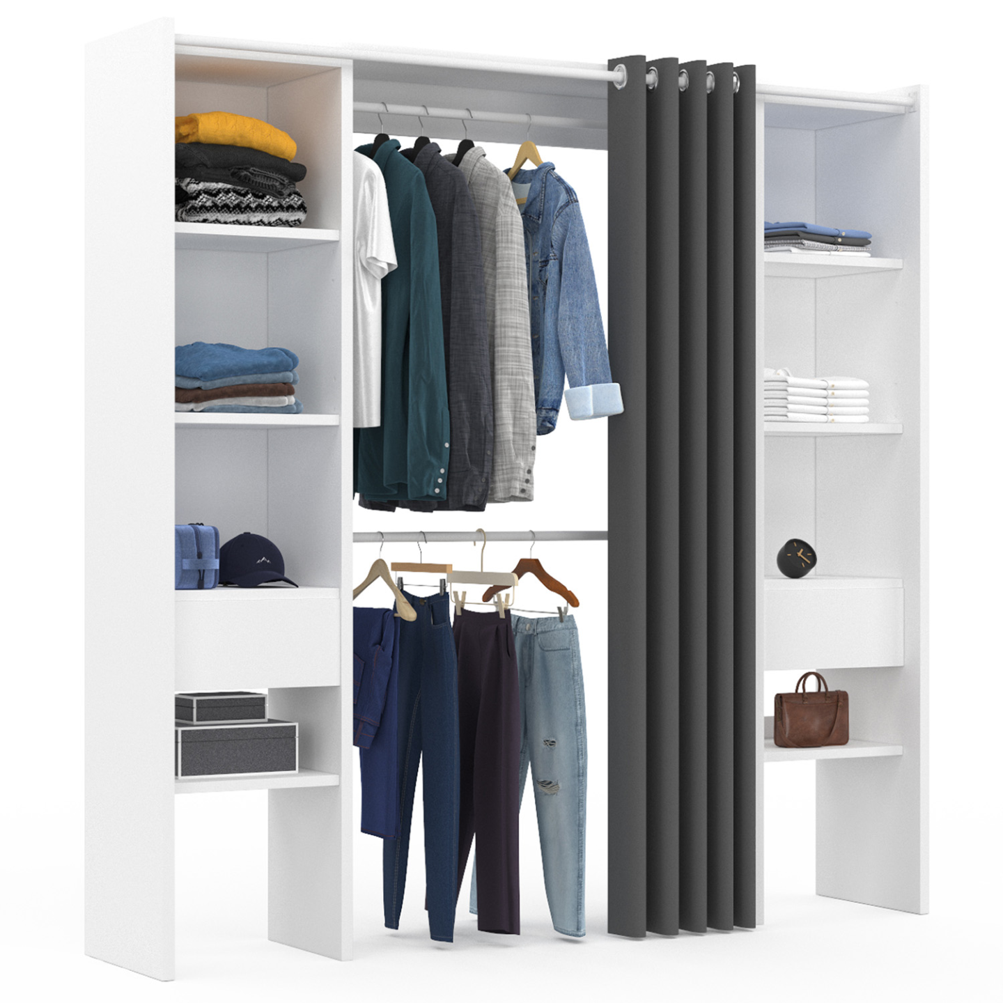 Dressing extensible double MERYL 120/180 x 50 x 180 cm blanc avec étagères + double penderie + rideau gris - Image 2