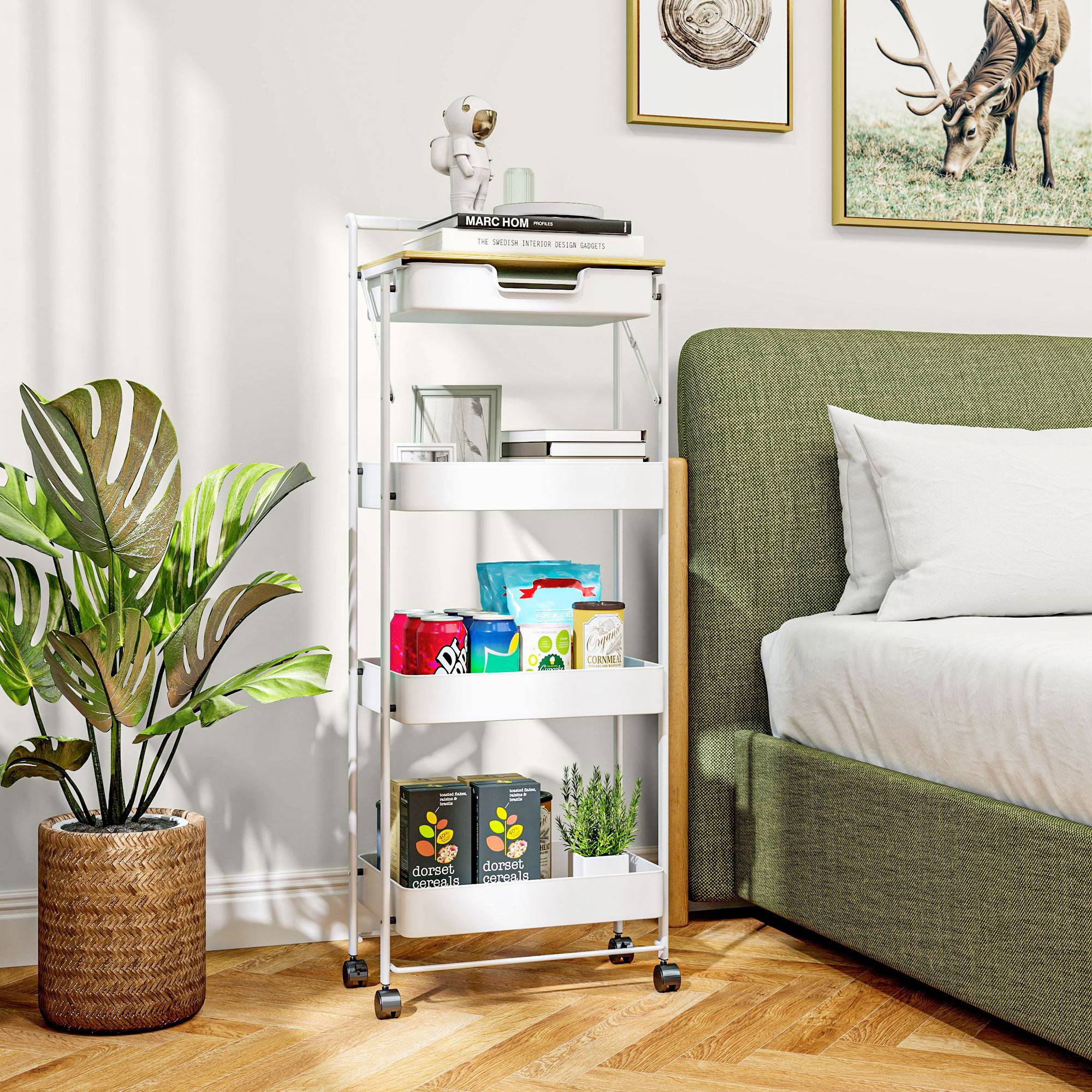 Chariot de rangement à 4 niveaux avec tiroir, plateau et paniers métalliques, desserte mobile blanc pour cuisine salle de bain buanderie moderne - Image 3