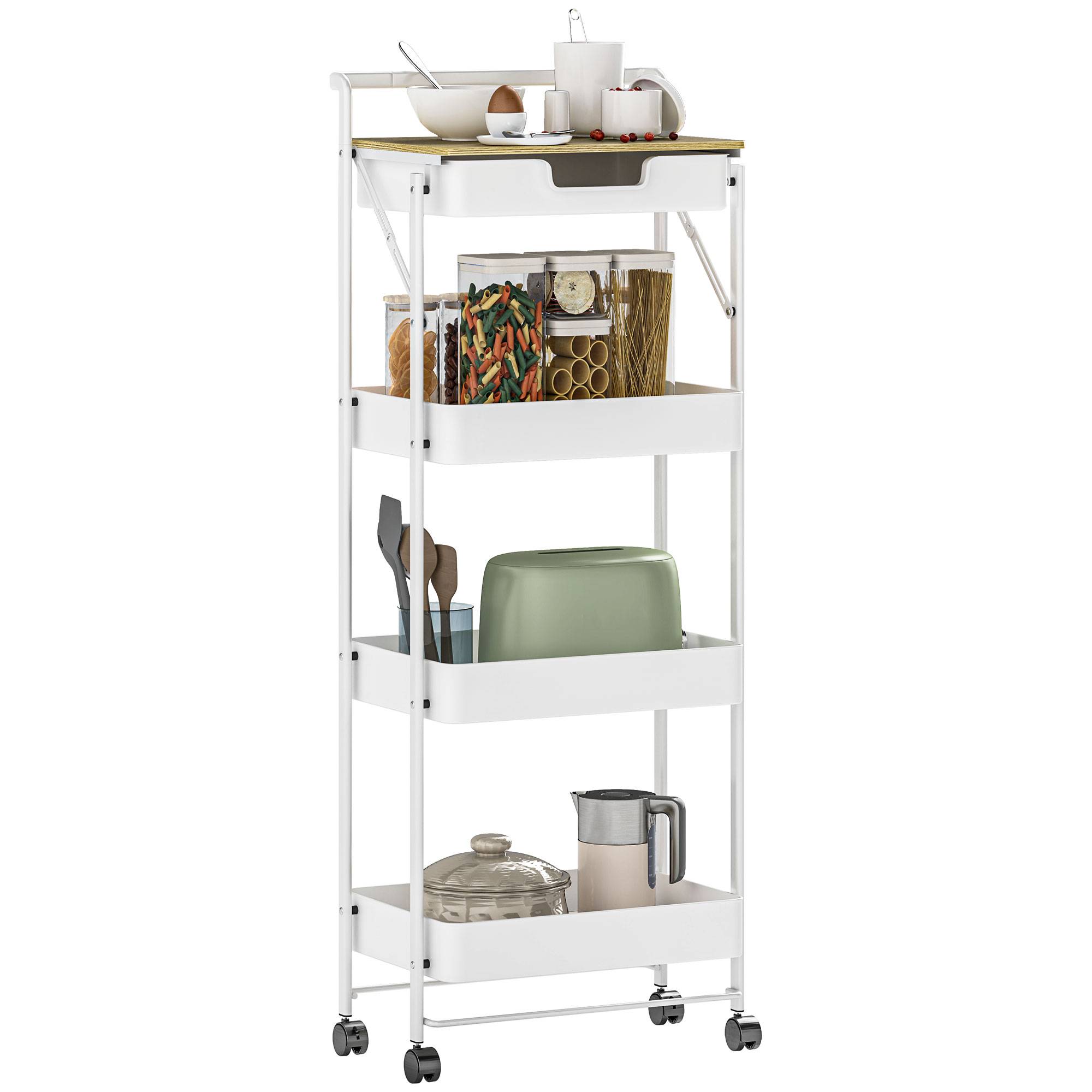 Chariot de rangement à 4 niveaux avec tiroir, plateau et paniers métalliques, desserte mobile blanc pour cuisine salle de bain buanderie moderne - Image 1