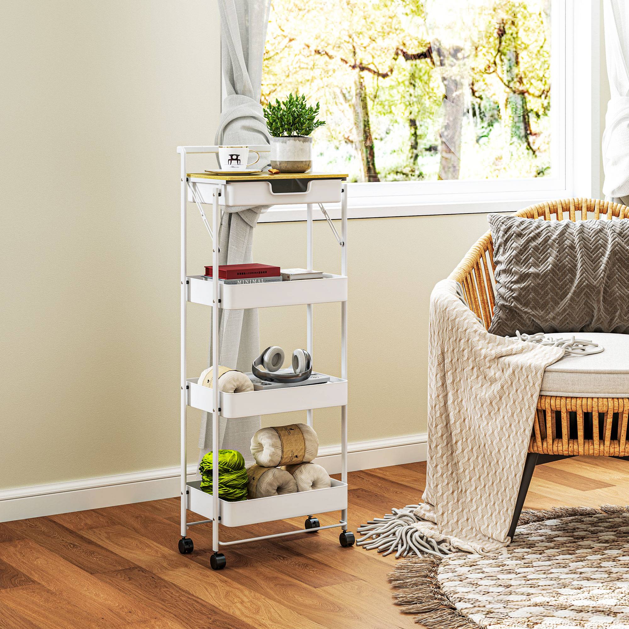 Chariot de rangement à 4 niveaux avec tiroir, plateau et paniers métalliques, desserte mobile blanc pour cuisine salle de bain buanderie moderne - Image 4