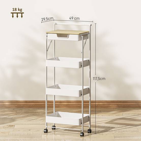 Chariot de rangement à 4 niveaux avec tiroir, plateau et paniers métalliques, desserte mobile blanc pour cuisine salle de bain buanderie moderne - Image 5