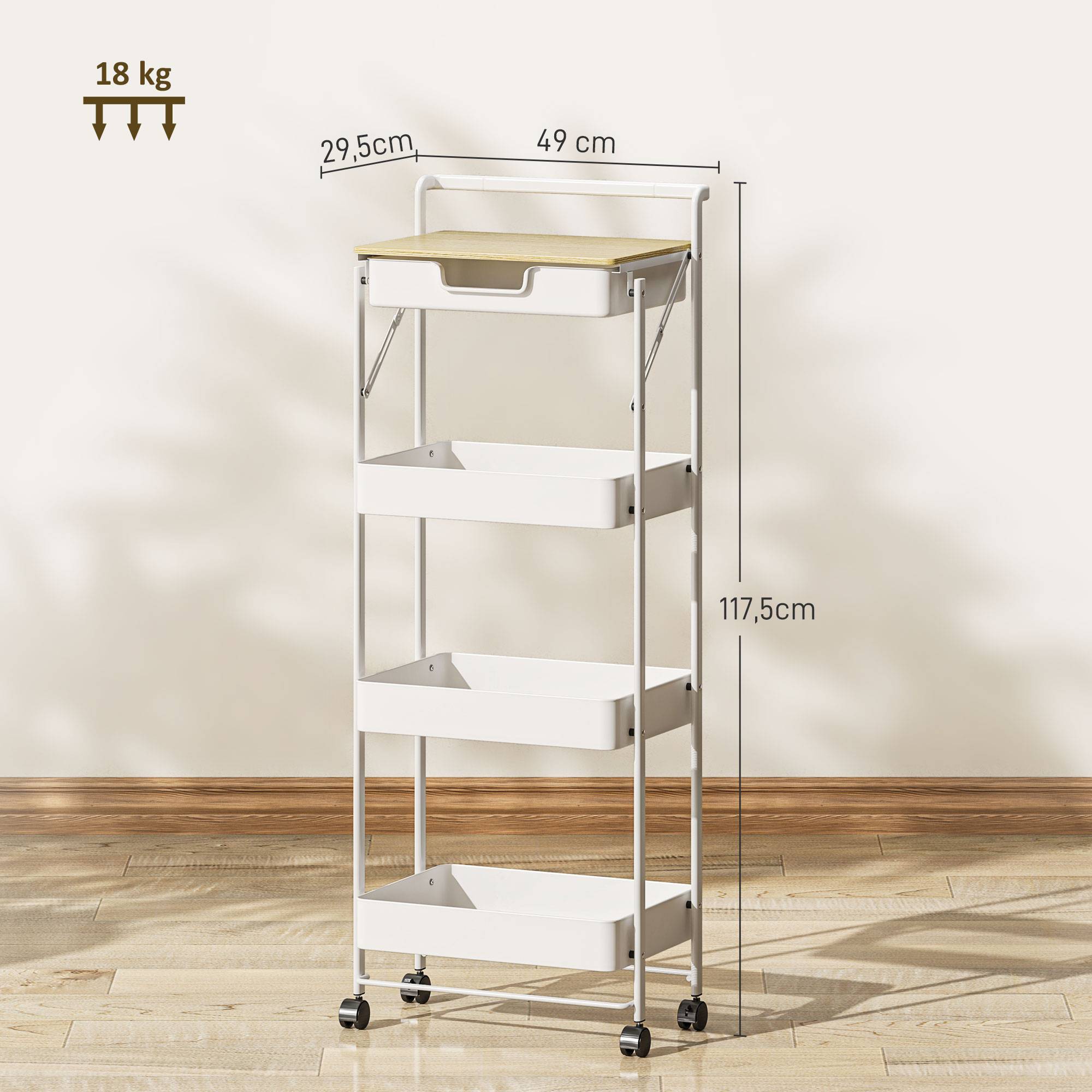 Chariot de rangement à 4 niveaux avec tiroir, plateau et paniers métalliques, desserte mobile blanc pour cuisine salle de bain buanderie moderne - Image 5