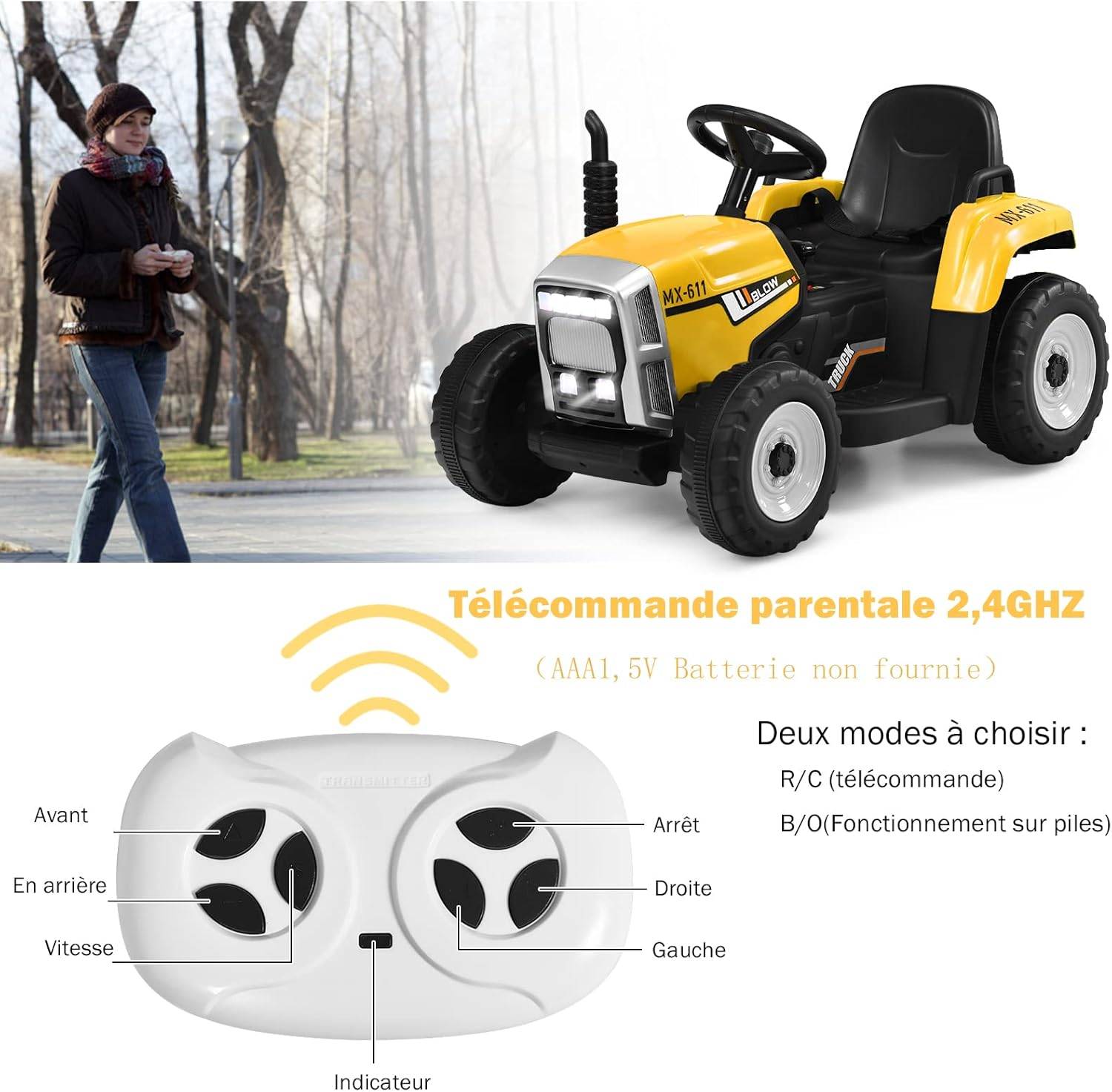 Tracteur Électrique Enfant 12V 7Ah Avec Remorque – 2+1 Vitesses, MP3, Bluetooth, Télécommande – Rouge 3-6 Ans