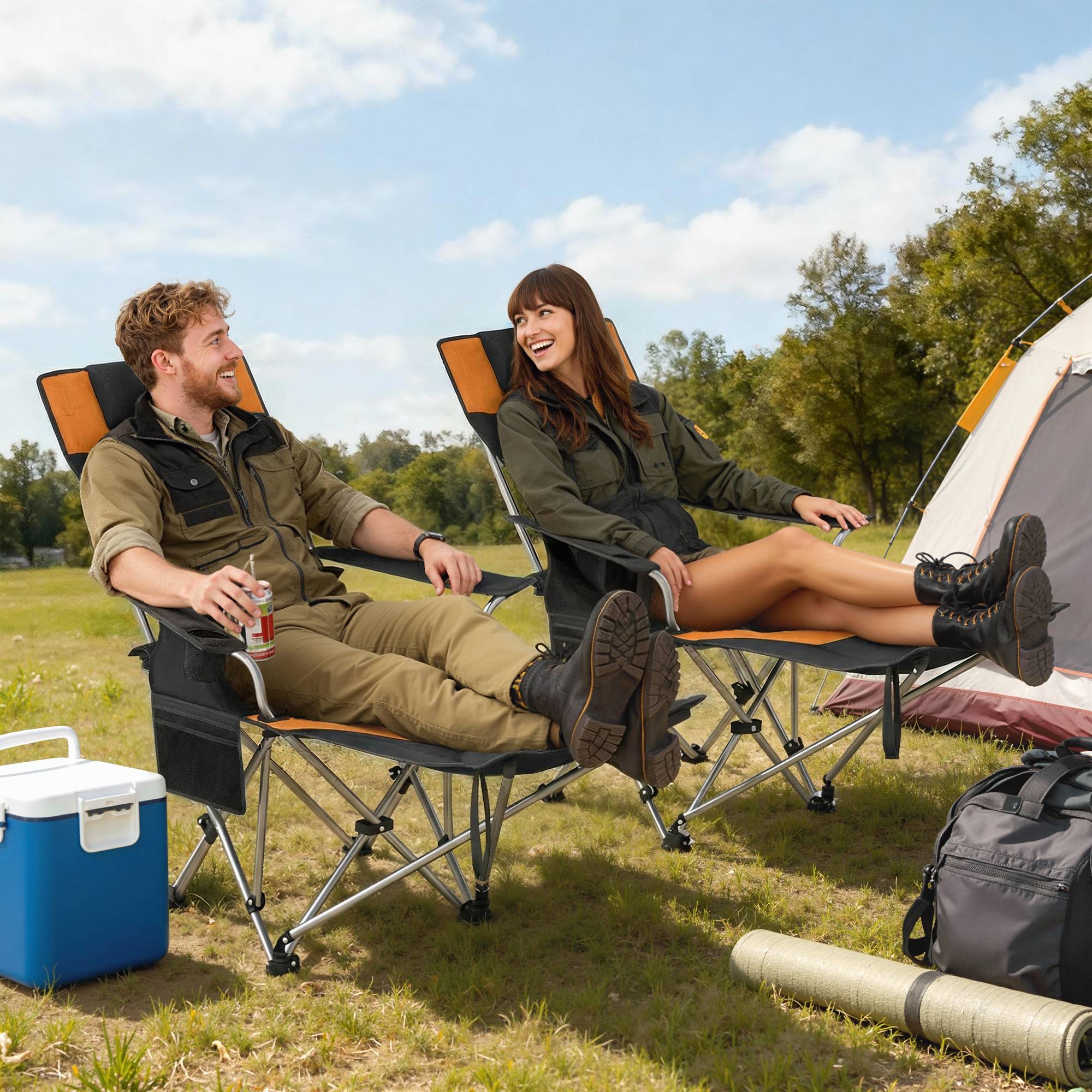 Lot de 2 chaises de camping pliantes métal Oxford avec repose-pieds porte-gobelet orange - ComfortXL Outdoor Living - Image 4