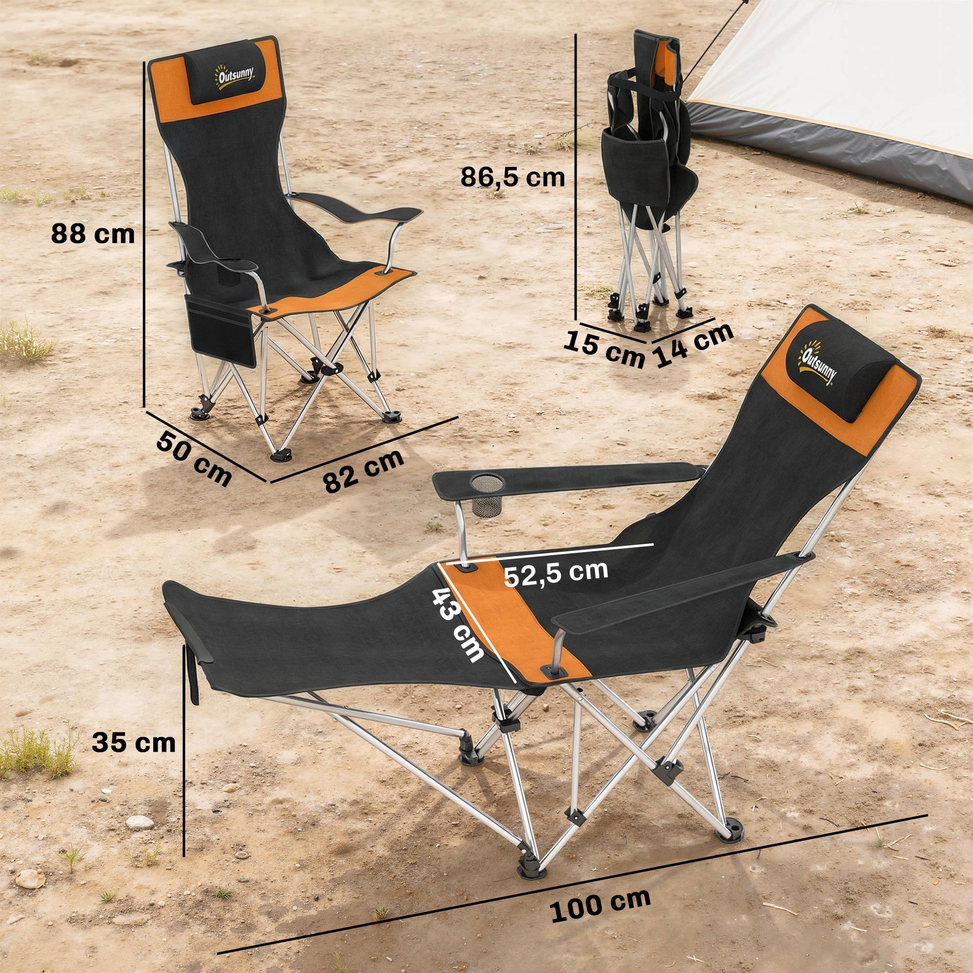 Lot de 2 chaises de camping pliantes métal Oxford avec repose-pieds porte-gobelet orange - ComfortXL Outdoor Living - Image 5