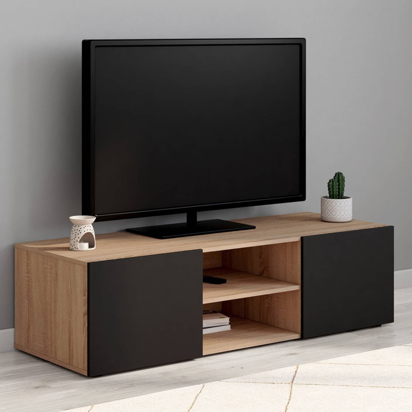 Meuble TV 113 cm ELI bois façon hêtre portes noires - Image 1