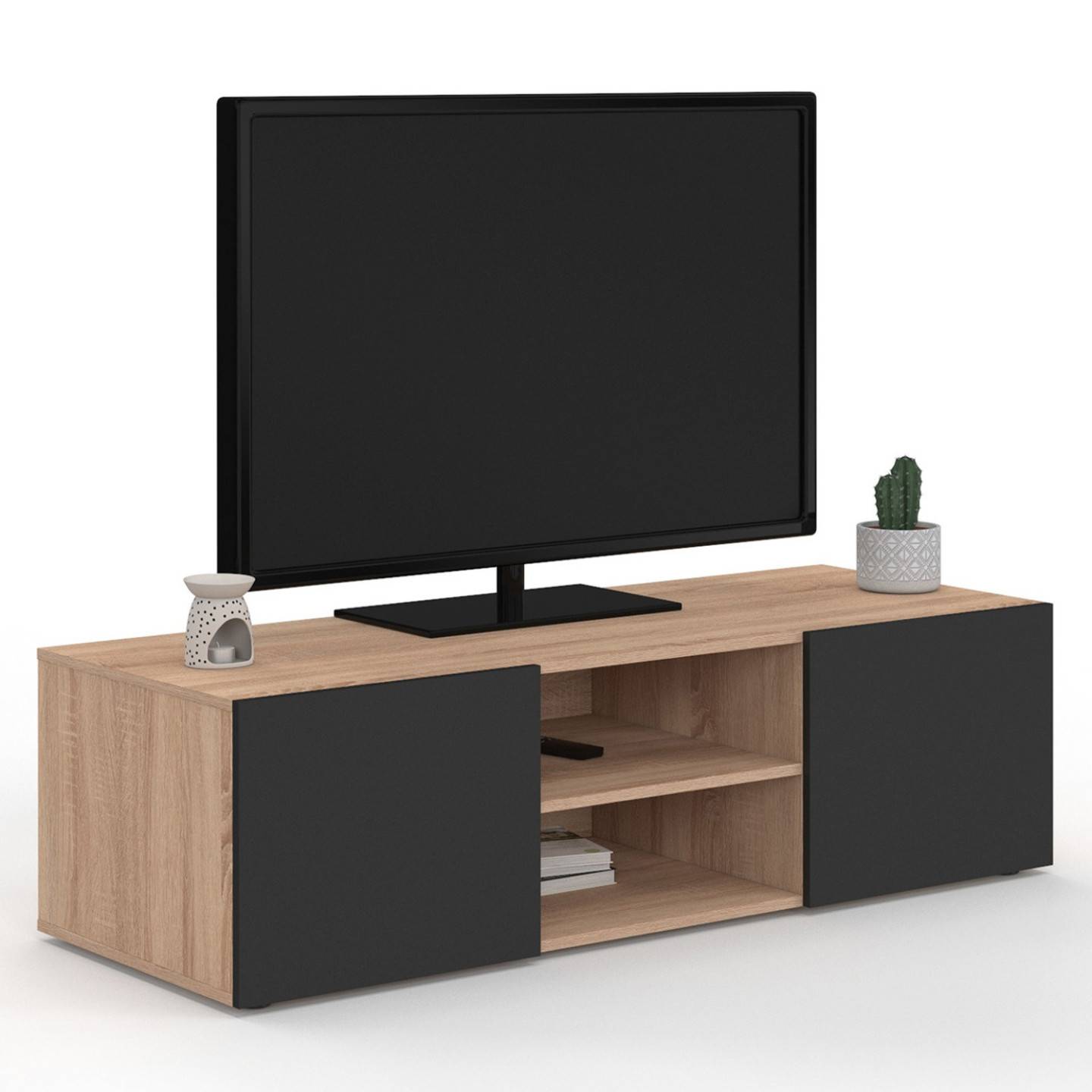 Meuble TV 113 cm ELI bois façon hêtre portes noires - Image 2