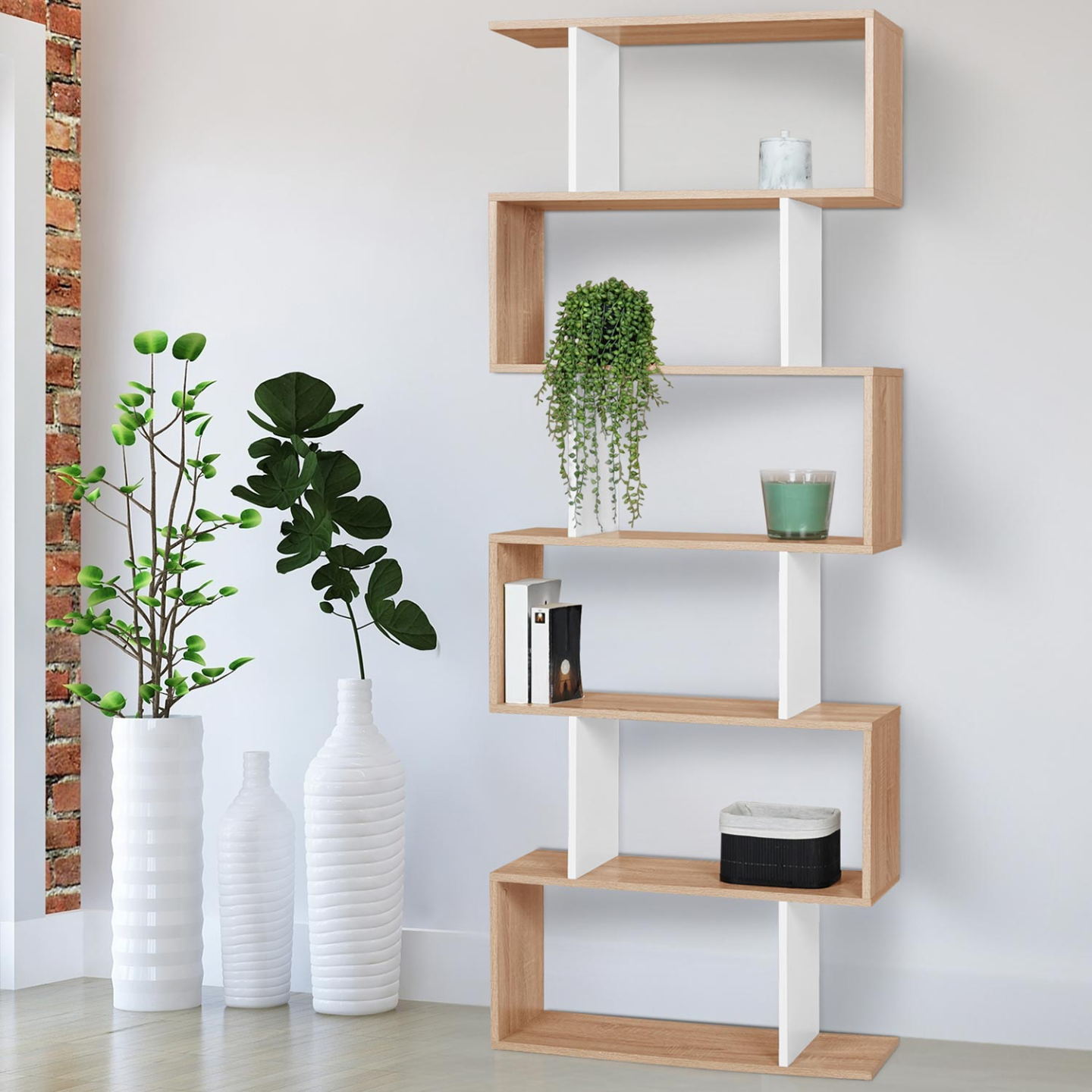 IDMARKET - Etagère bibliothèque SOFIA forme S façon hêtre et blanc 189 cm - Image 1