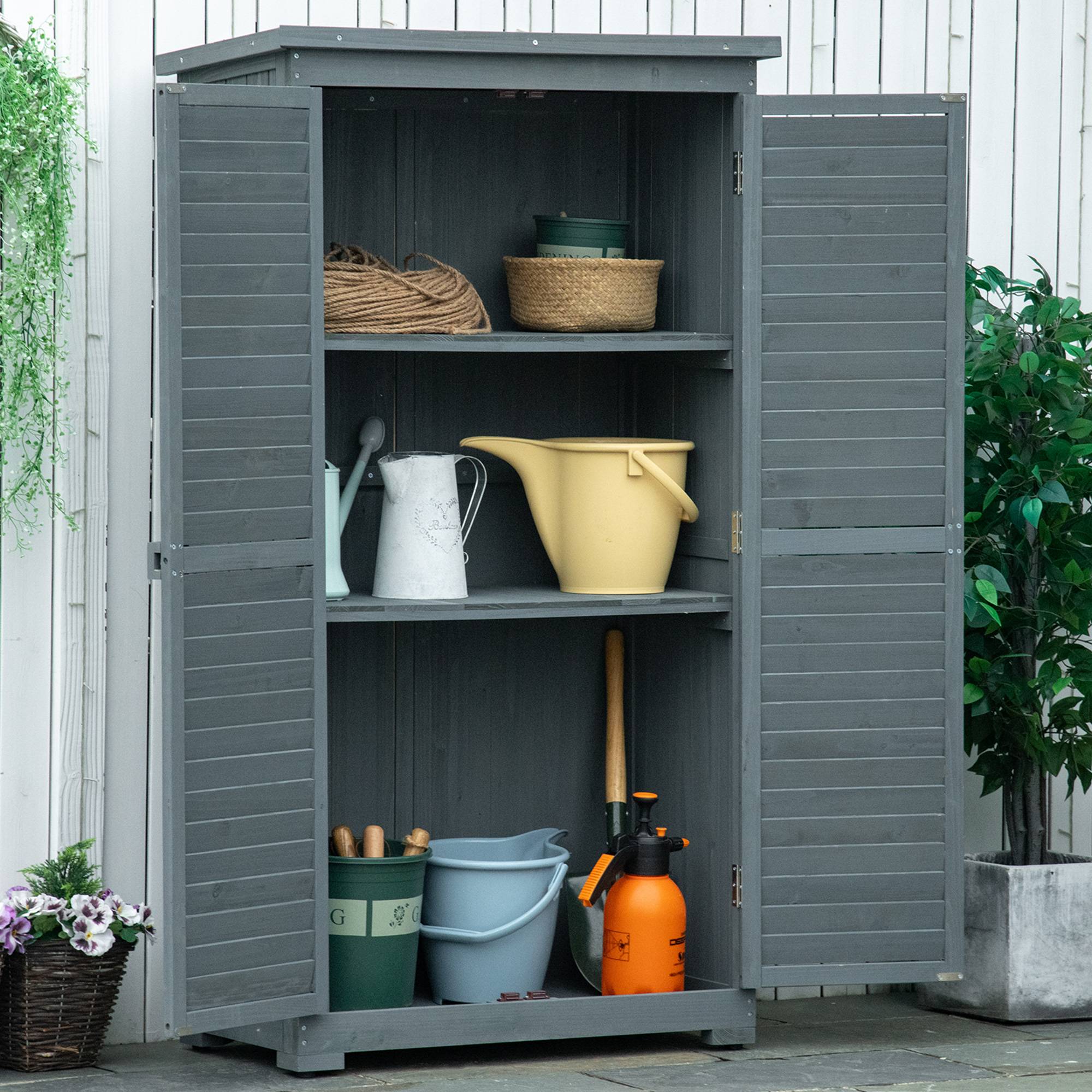 Armoire bois résistante, 87x46,5x160 cm, toit en appentis, étagères, gris - Image 3
