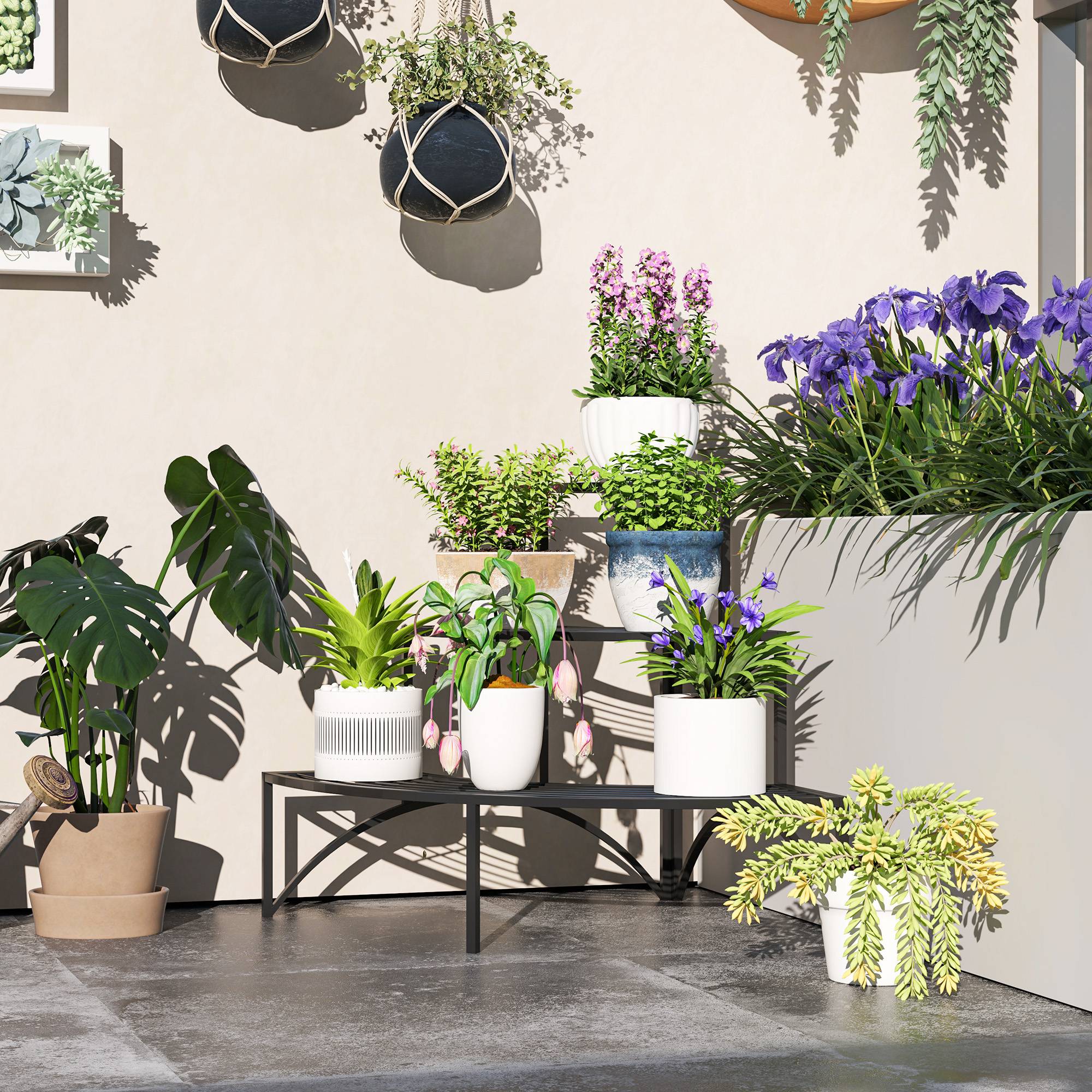 Étagère d'angle à plantes 3 niveaux métal intérieur extérieur 87x60x60 cm noir - ComfortXL Outdoor Living - Image 3