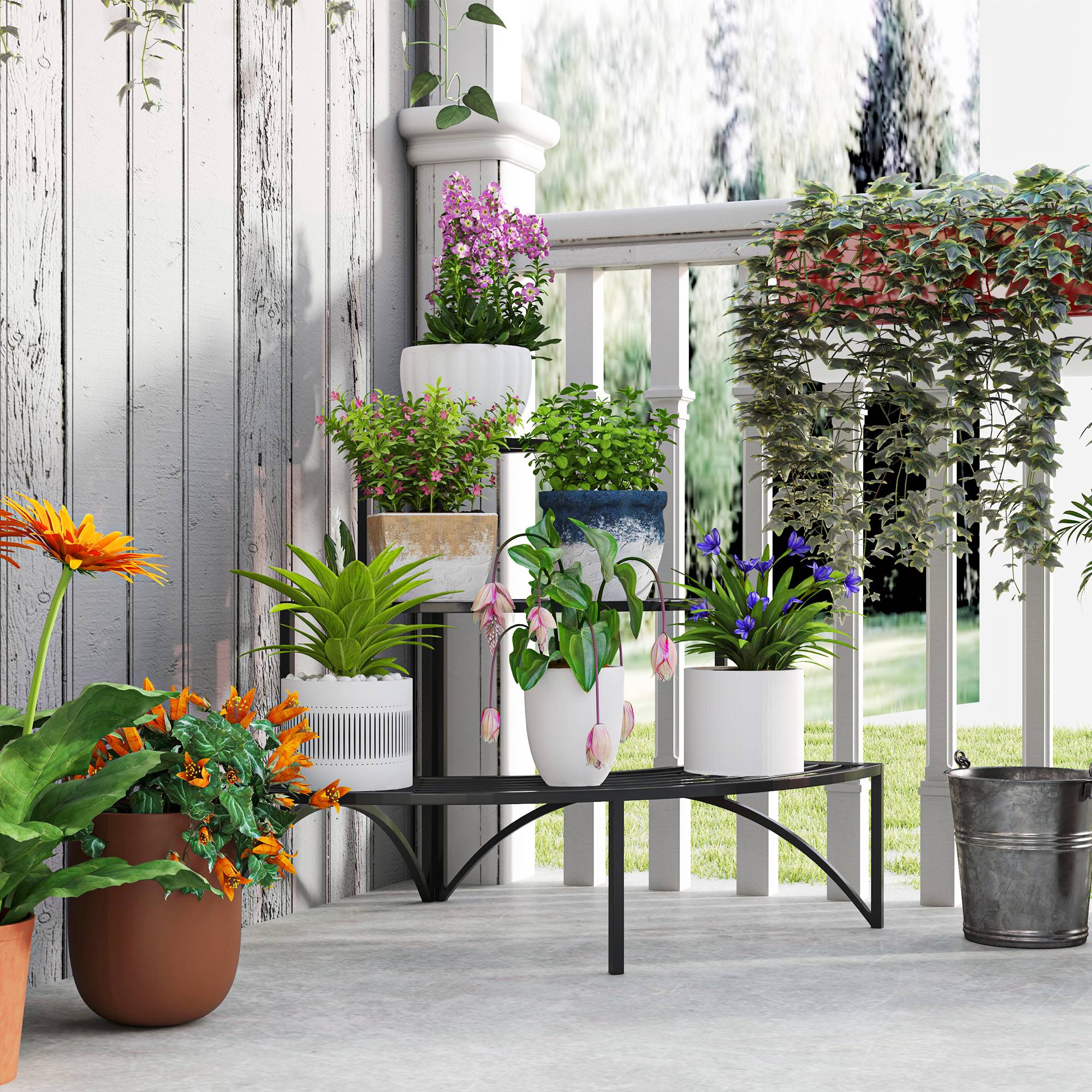 Étagère d'angle à plantes 3 niveaux métal intérieur extérieur 87x60x60 cm noir - ComfortXL Outdoor Living - Image 4