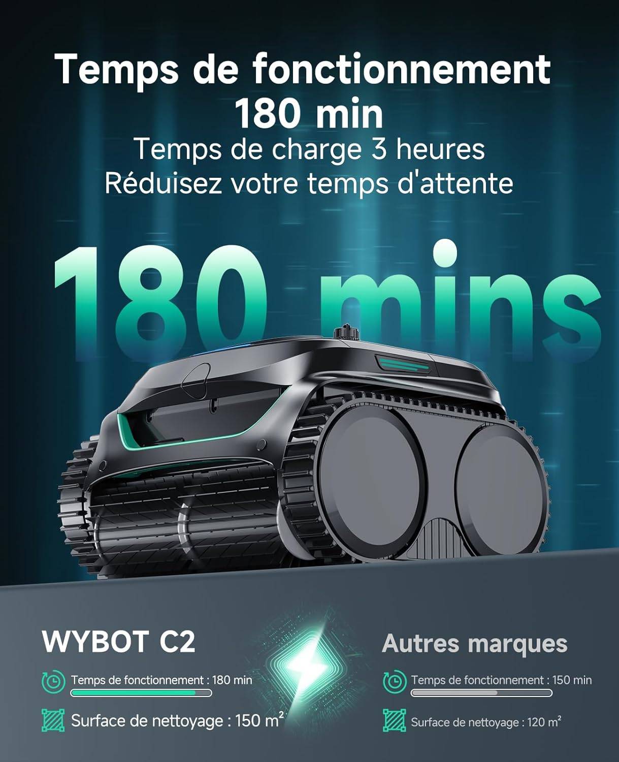 Robot de Piscine Sans Fil Wybot C2 - Double Filtration Ultra-Fine - Batterie grande autonomie - Application Smartphone - Image 7