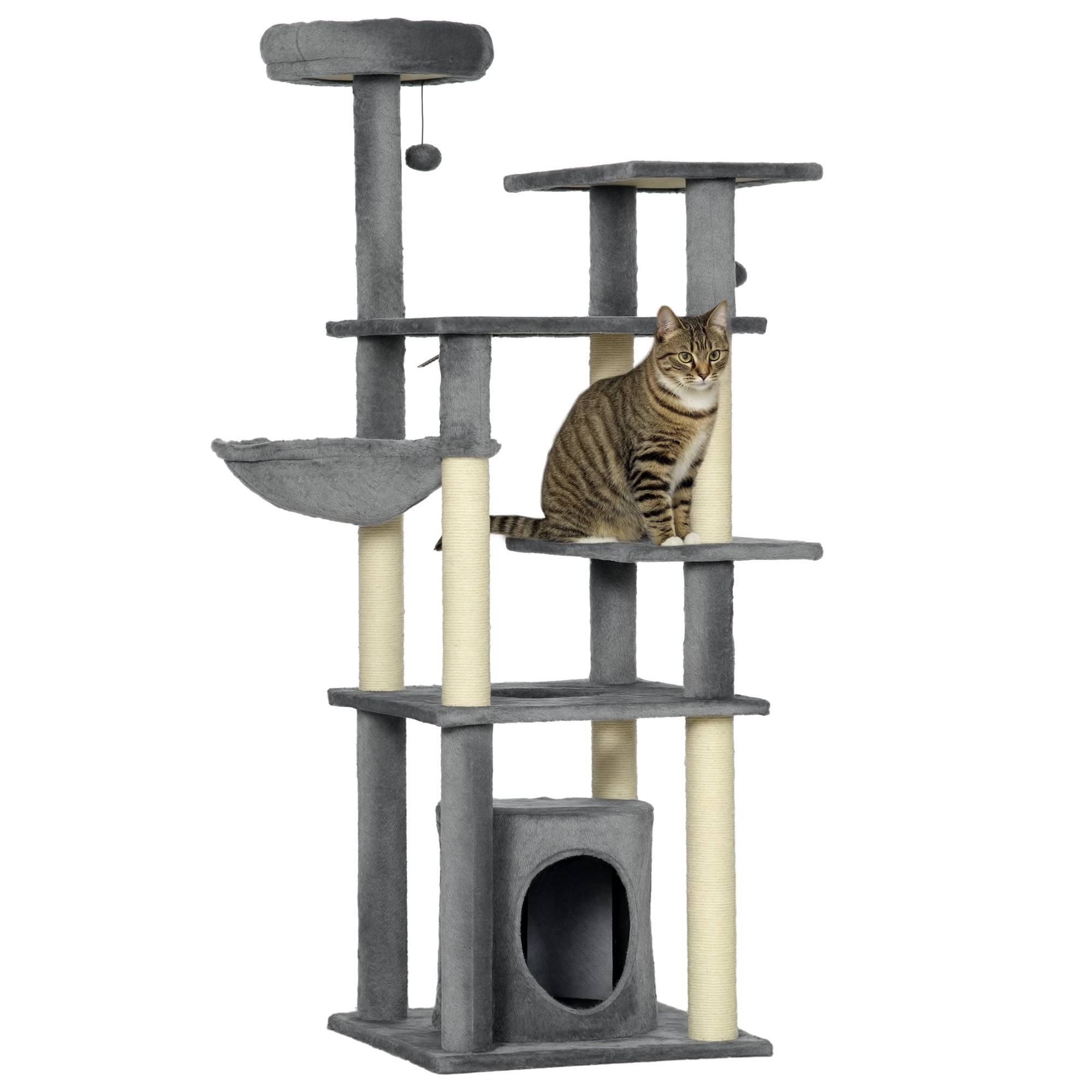 Arbre à chat de grande taille (144 cm) avec griffoir, couchage, grotte, plateformes et balles suspendues, 49 x 49 x 144 cm, gris - Image 1