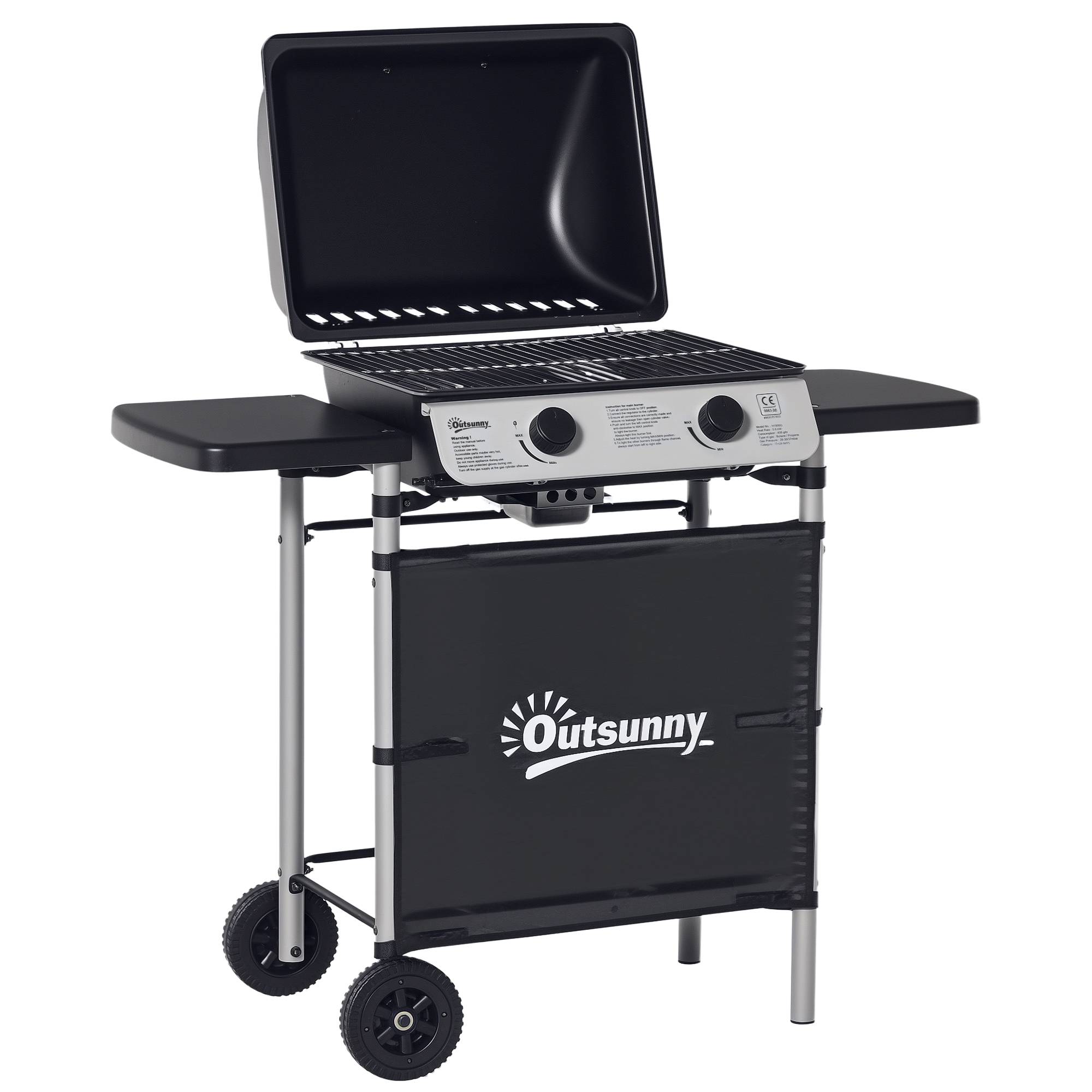 Barbecue gaz 2 brûleurs en acier inoxydable, puissance 2,8 kW, barbecue de jardin 2 grilles, 104 x 49 x 99 cm, noir - Image 2