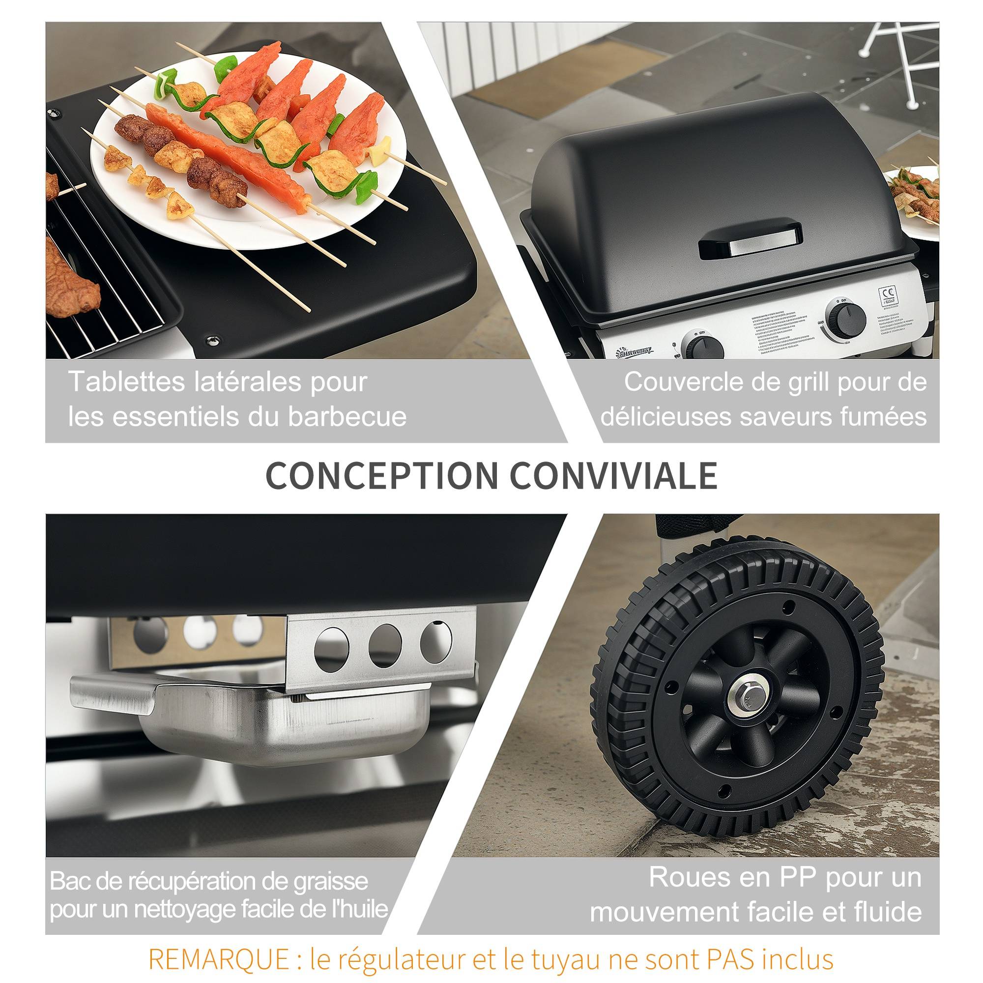 Barbecue gaz 2 brûleurs en acier inoxydable, puissance 2,8 kW, barbecue de jardin 2 grilles, 104 x 49 x 99 cm, noir - Image 8
