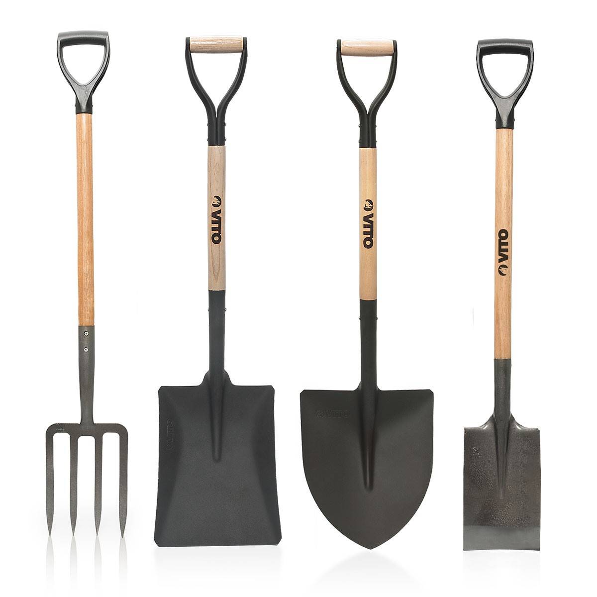 Pack 4 outils de jardin Acier Manche en Bois Fourche + Pelle carrée + Pelle ronde + Bêche VITO - Imagen 1