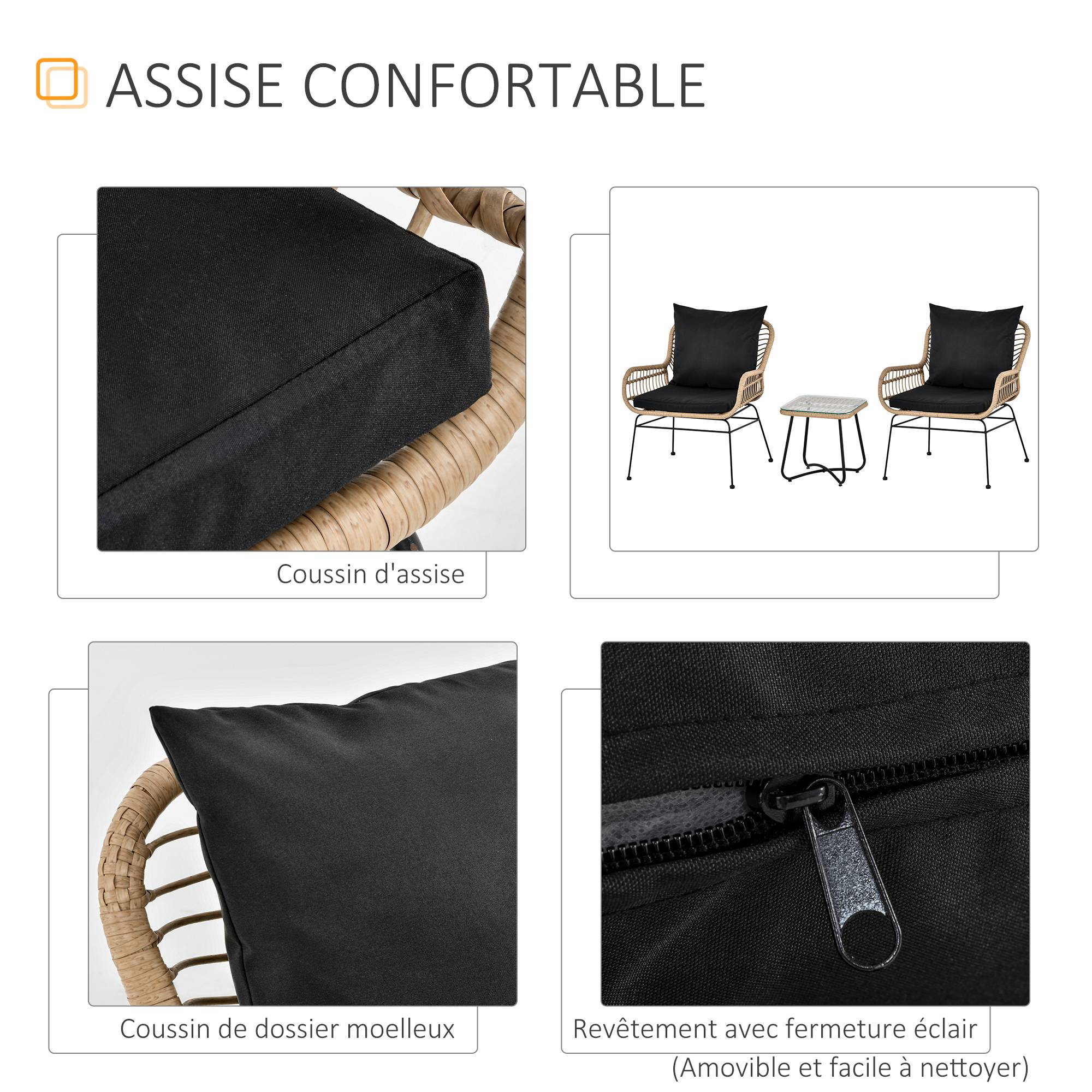 Outsunny - Ensemble salon de jardin 3 pièces style exotique 2 fauteuils avec coussins + table basse résine tressée beige métal époxy noir - Outsunny - Imagen 5