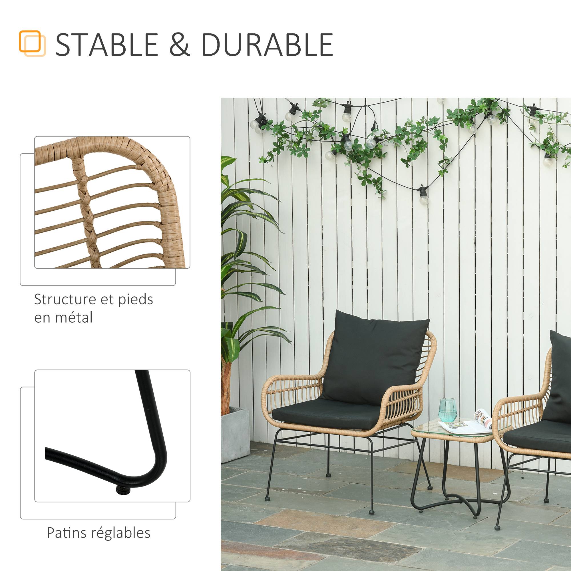 Outsunny - Ensemble salon de jardin 3 pièces style exotique 2 fauteuils avec coussins + table basse résine tressée beige métal époxy noir - Outsunny - Imagen 7