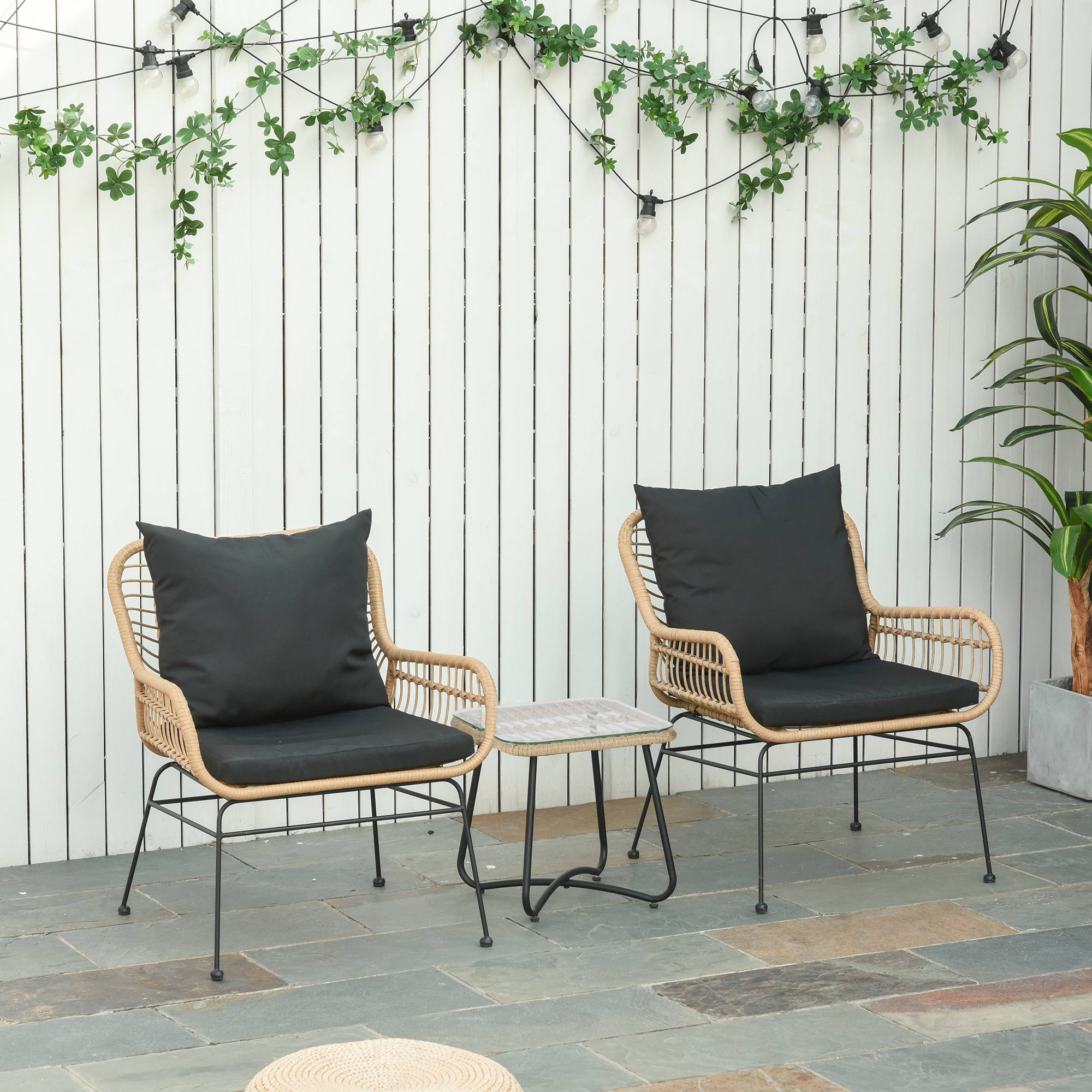 Outsunny - Ensemble salon de jardin 3 pièces style exotique 2 fauteuils avec coussins + table basse résine tressée beige métal époxy noir - Outsunny - Imagen 2