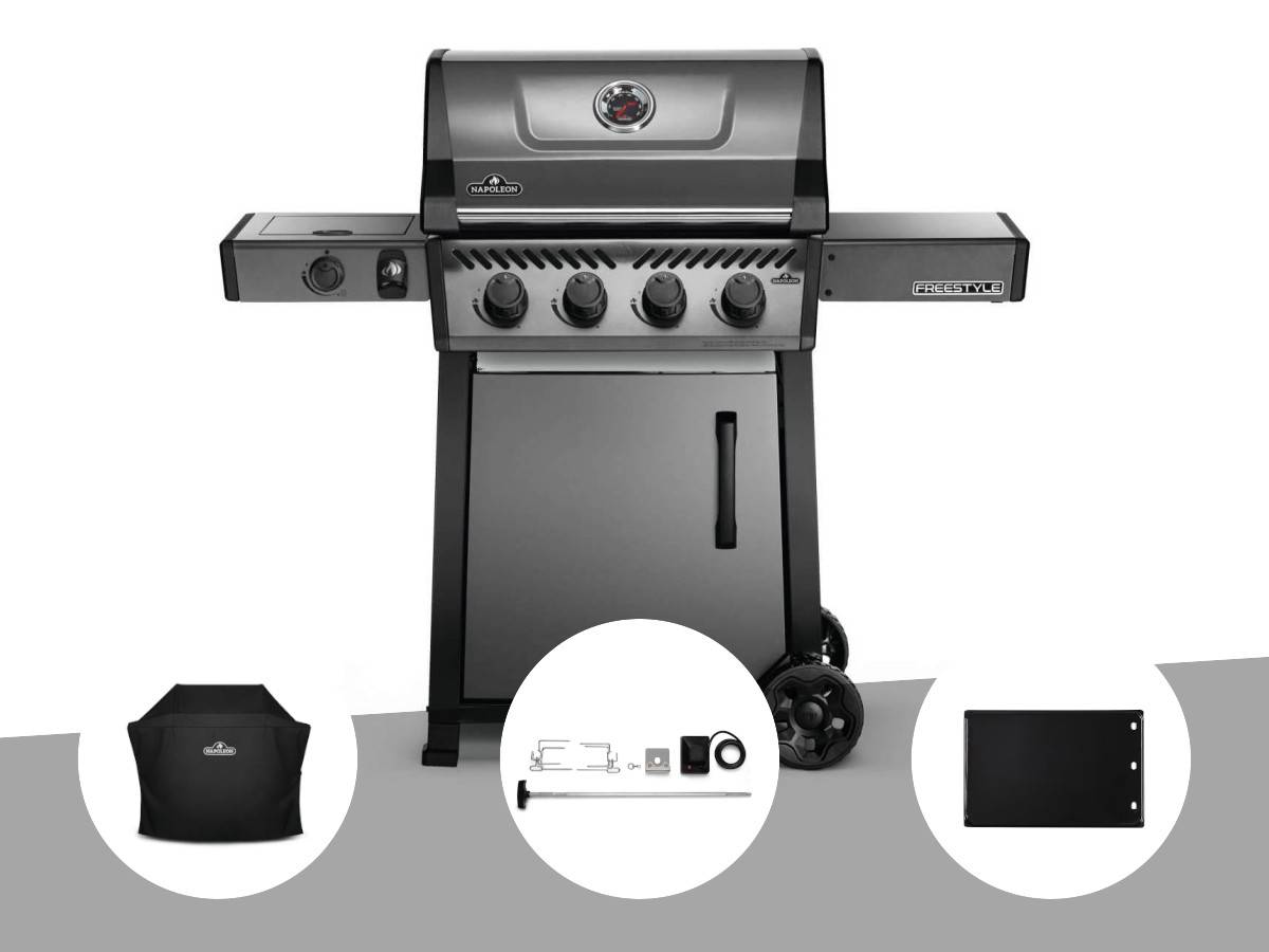 Napoleon - Barbecue à gaz Freestyle F425SIB - 4 brûleurs + Sizzle Zone + Housse de protection + Kit rôtissoire + Plancha - Napoleon