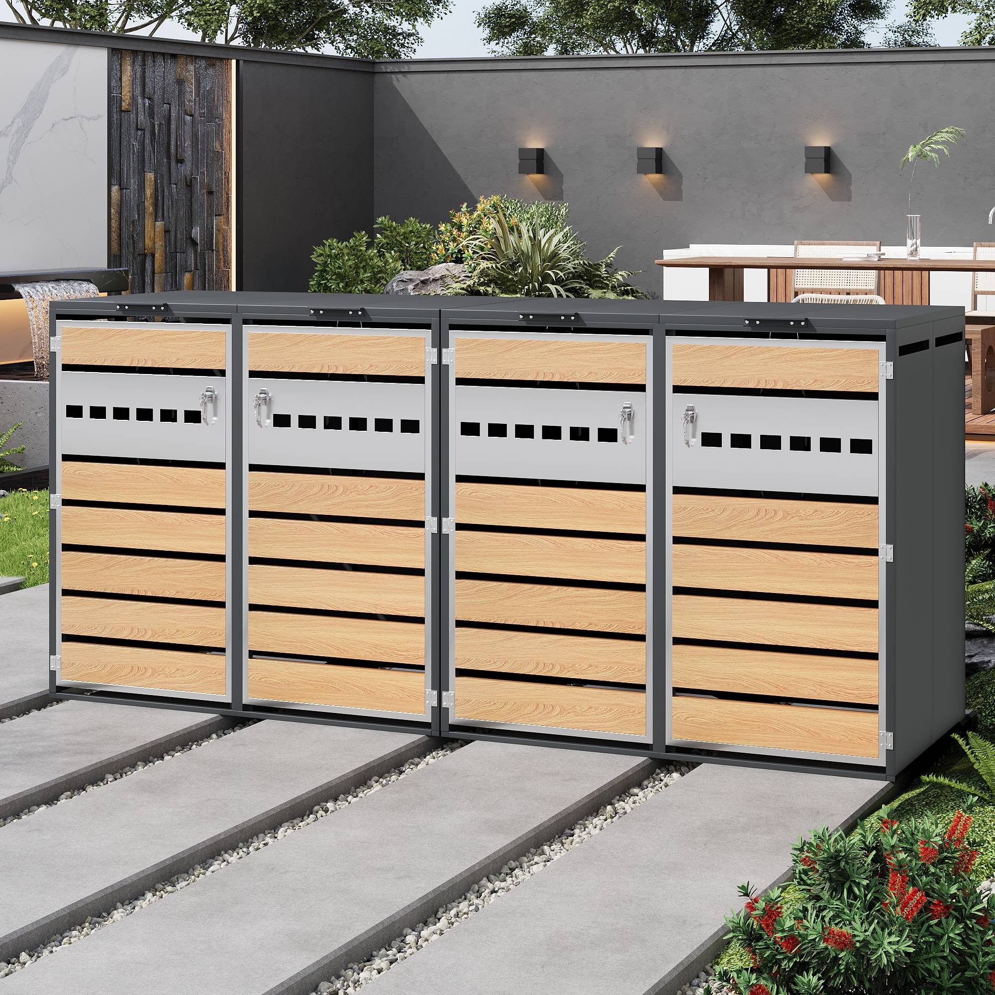 PANGIVO - Mülltonnenbox avec bois imitation et compartiments séparéss, 132 x 80 x 118,5 cm - PANGIVO - Image 10