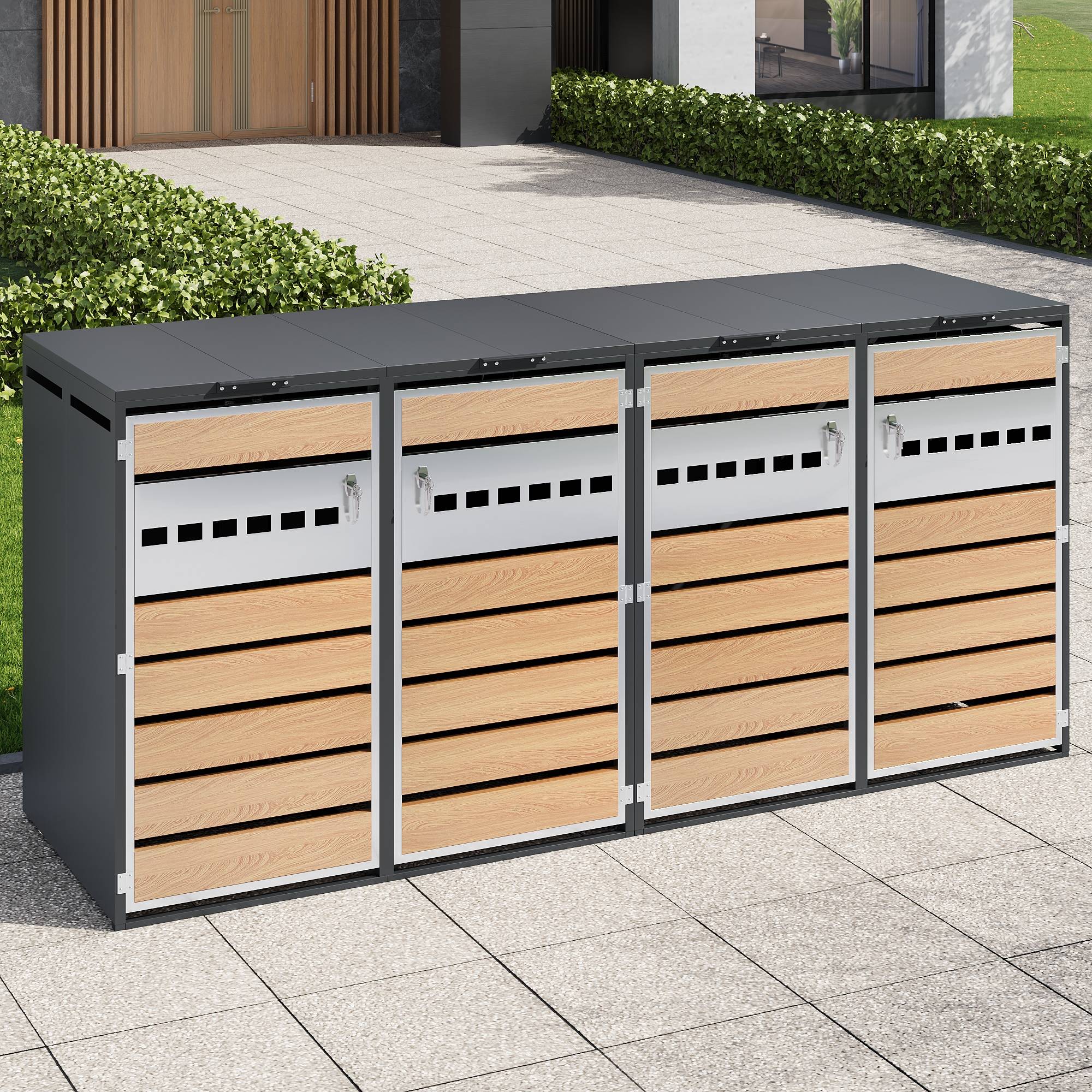 PANGIVO - Mülltonnenbox avec bois imitation et compartiments séparéss, 132 x 80 x 118,5 cm - PANGIVO - Image 2