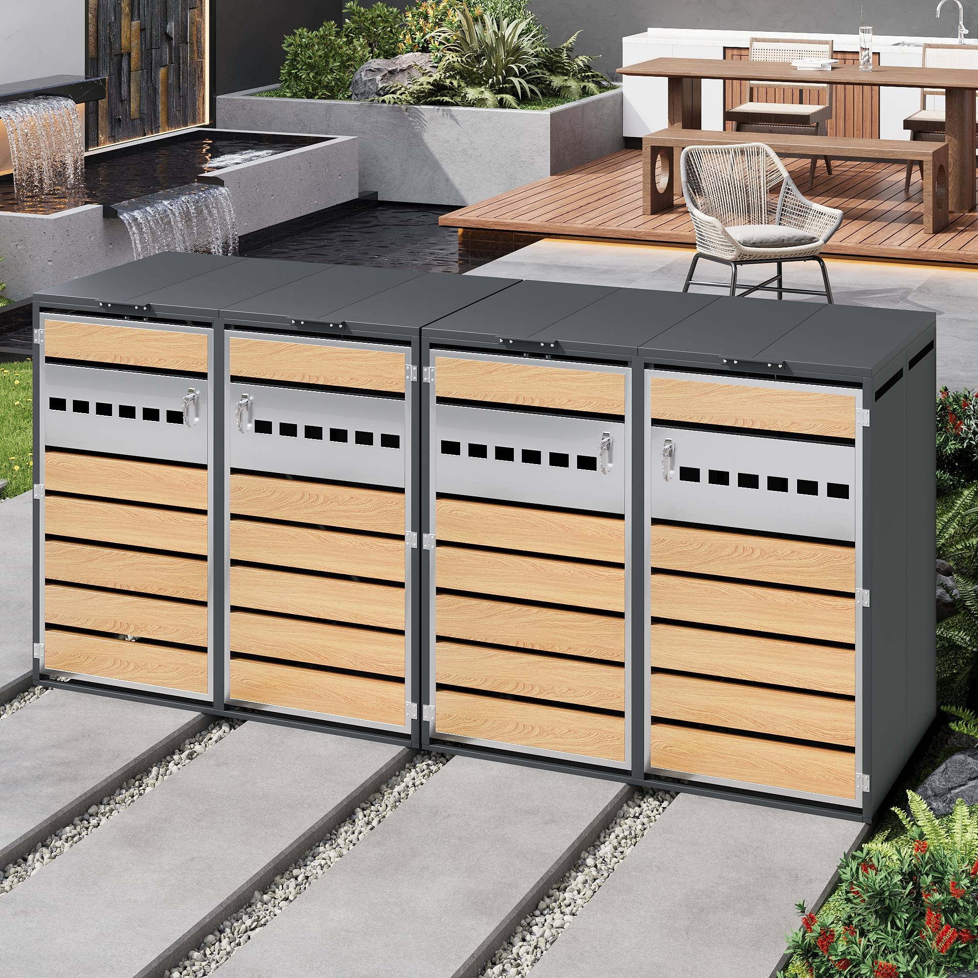PANGIVO - Mülltonnenbox avec bois imitation et compartiments séparéss, 132 x 80 x 118,5 cm - PANGIVO - Image 9