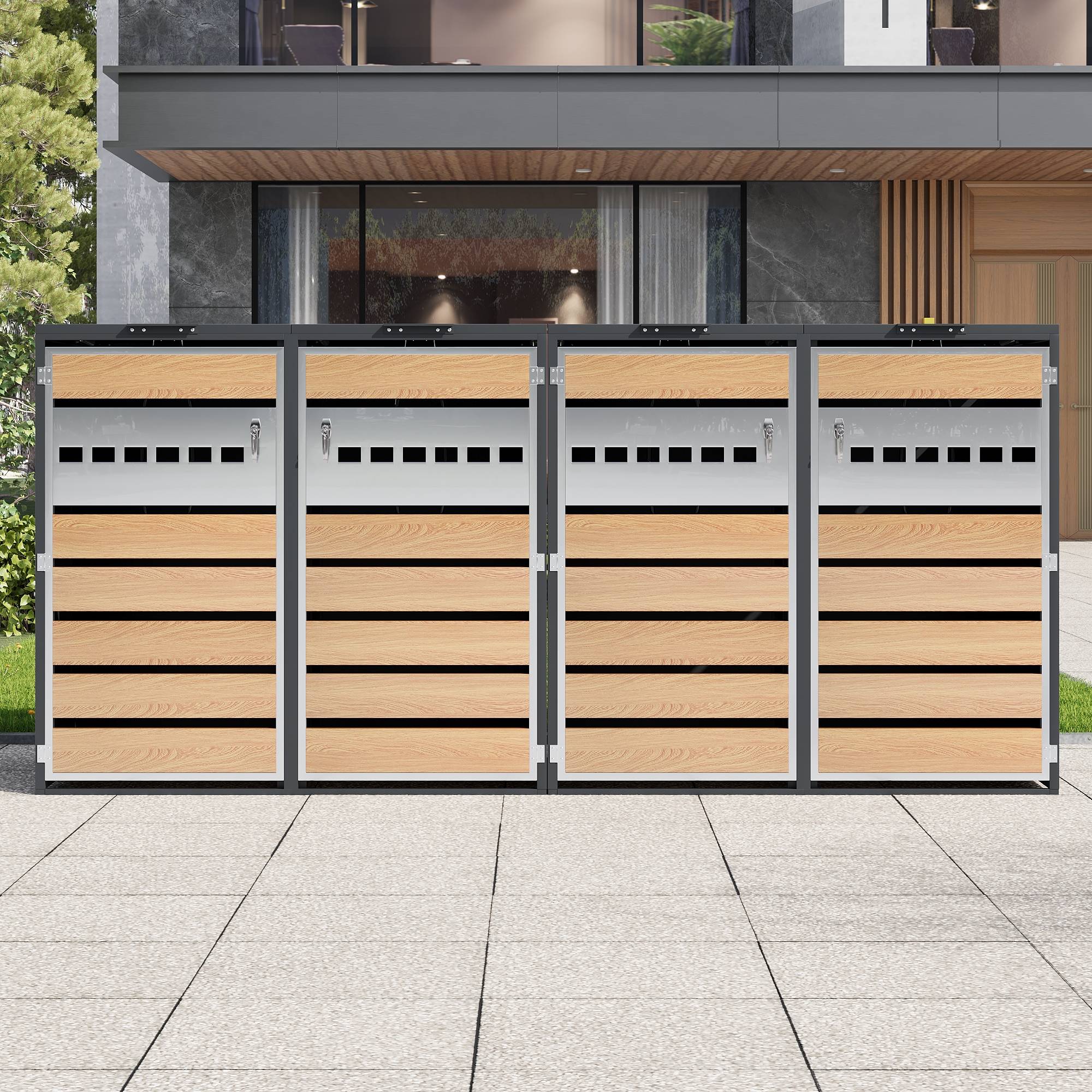 PANGIVO - Mülltonnenbox avec bois imitation et compartiments séparéss, 132 x 80 x 118,5 cm - PANGIVO - Image 5