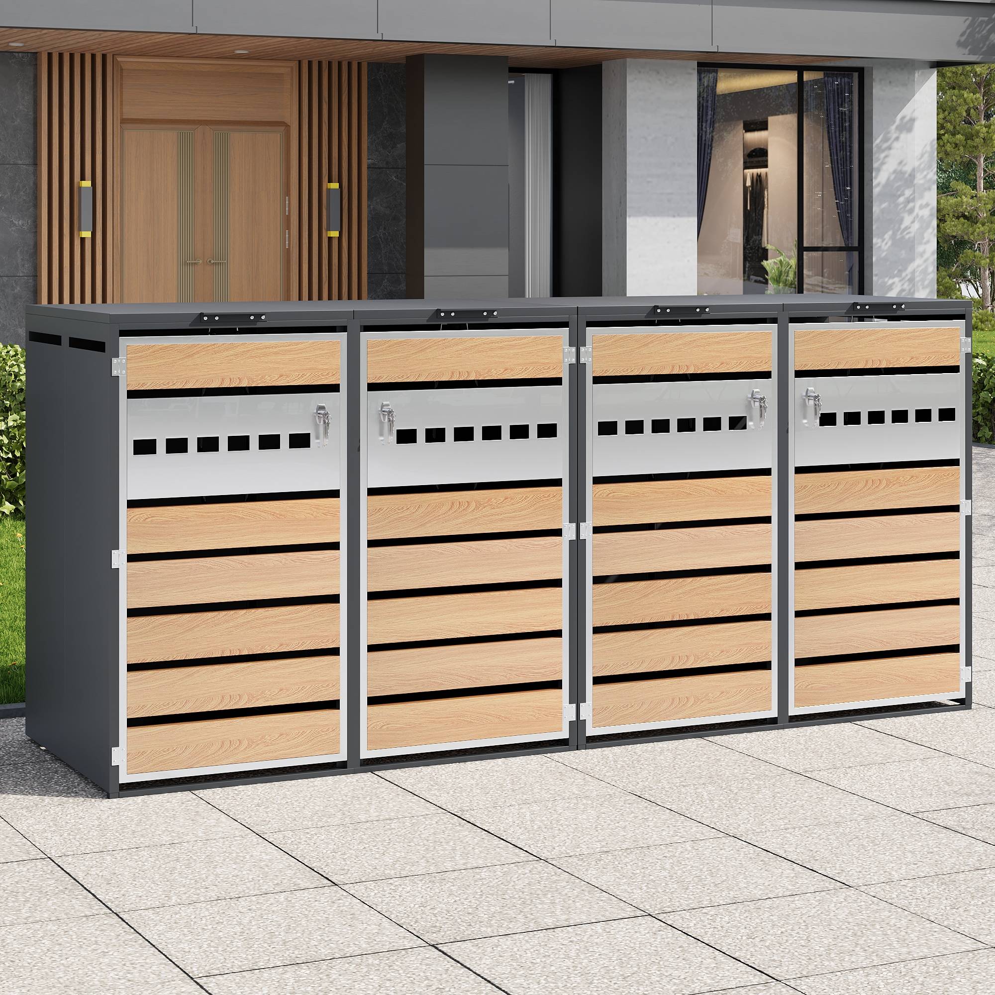 PANGIVO - Mülltonnenbox avec bois imitation et compartiments séparéss, 132 x 80 x 118,5 cm - PANGIVO - Image 1