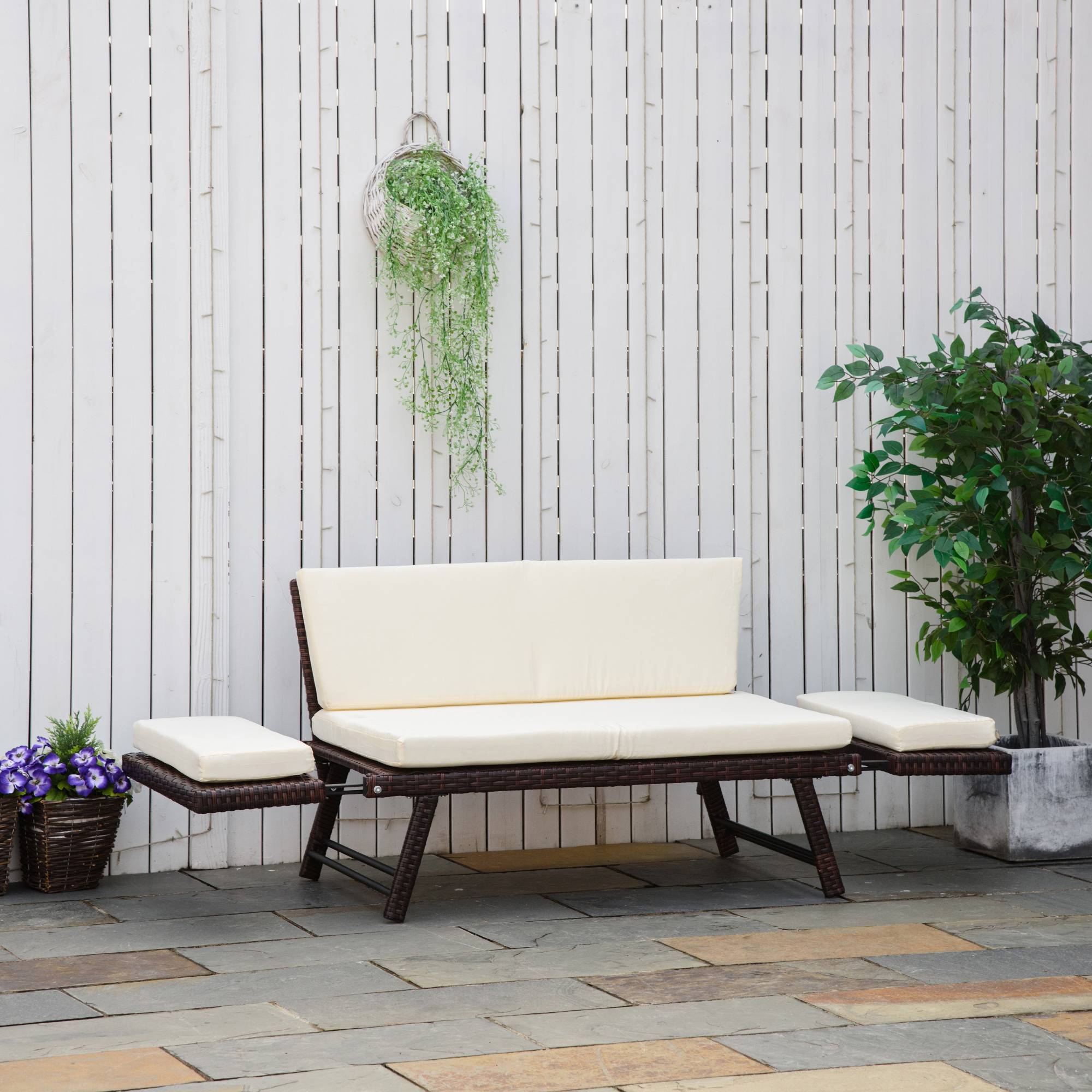 Canapé de jardin 2 places avec accoudoirs rabattables en Polyrattan, acier, Marron - PANGIVO - Image 2