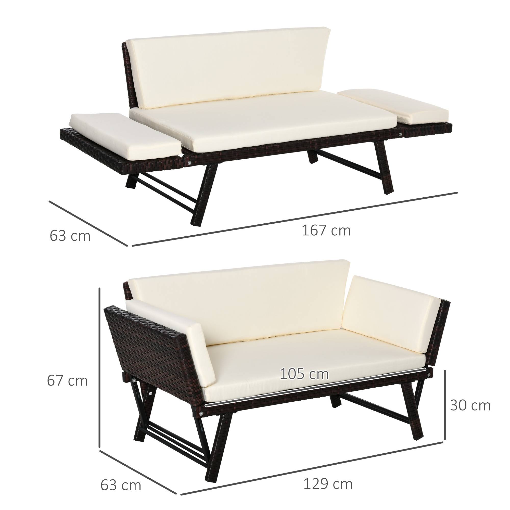 Canapé de jardin 2 places avec accoudoirs rabattables en Polyrattan, acier, Marron - PANGIVO - Image 3