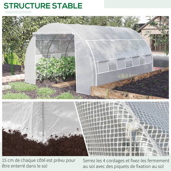 Grande serre tunnel 12m² en PE pour potager intensif rendement optimisé 397x300x200cm blanc - ComfortXL Outdoor Living - Image 8