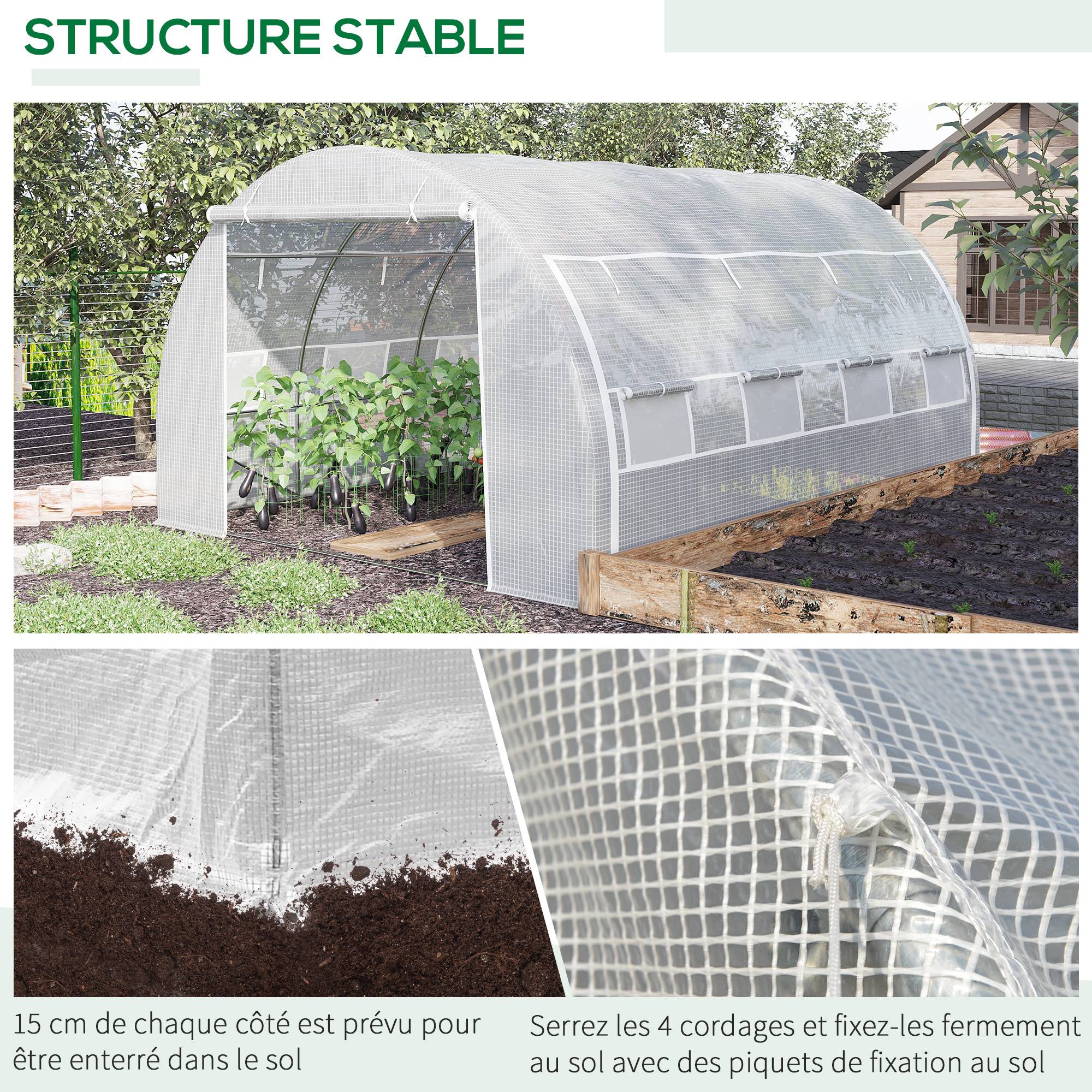 Grande serre tunnel 12m² en PE pour potager intensif rendement optimisé 397x300x200cm blanc - ComfortXL Outdoor Living - Image 8