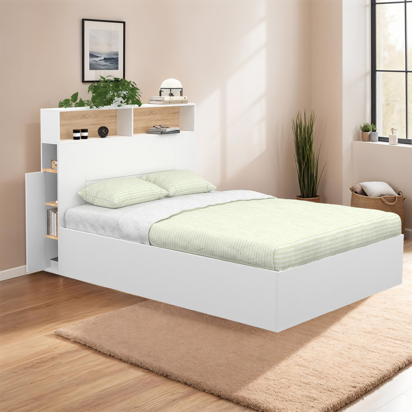 Lit coffre double CLYDE avec tête de lit + rangements et sommier 140 x 190 cm blanc et façon hêtre - Image 4