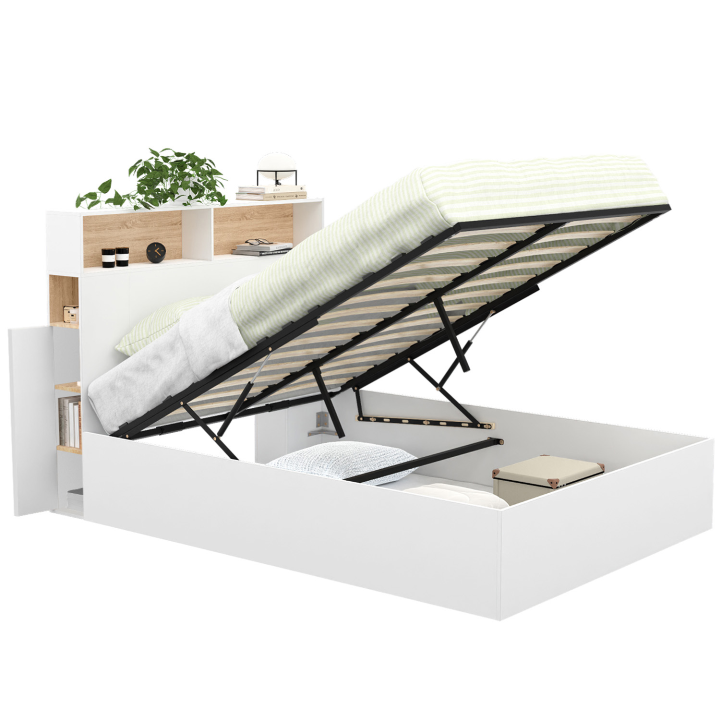 Lit coffre double CLYDE avec tête de lit + rangements et sommier 140 x 190 cm blanc et façon hêtre - Image 2