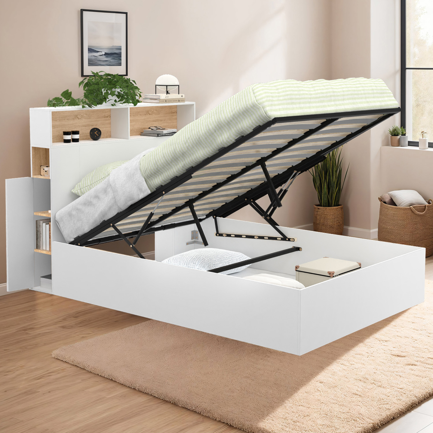 Lit coffre double CLYDE avec tête de lit + rangements et sommier 140 x 190 cm blanc et façon hêtre - Image 1