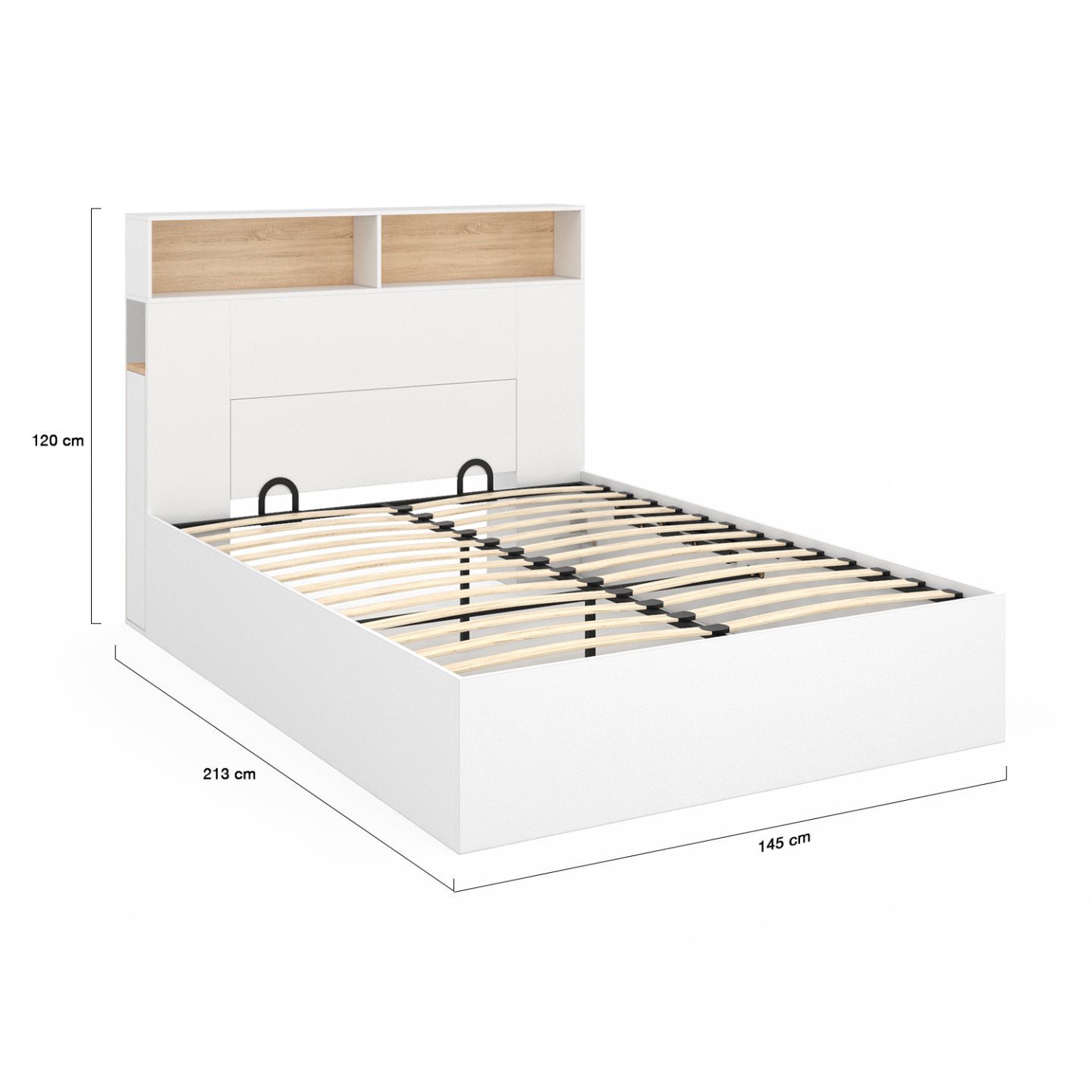 Lit coffre double CLYDE avec tête de lit + rangements et sommier 140 x 190 cm blanc et façon hêtre - Image 5